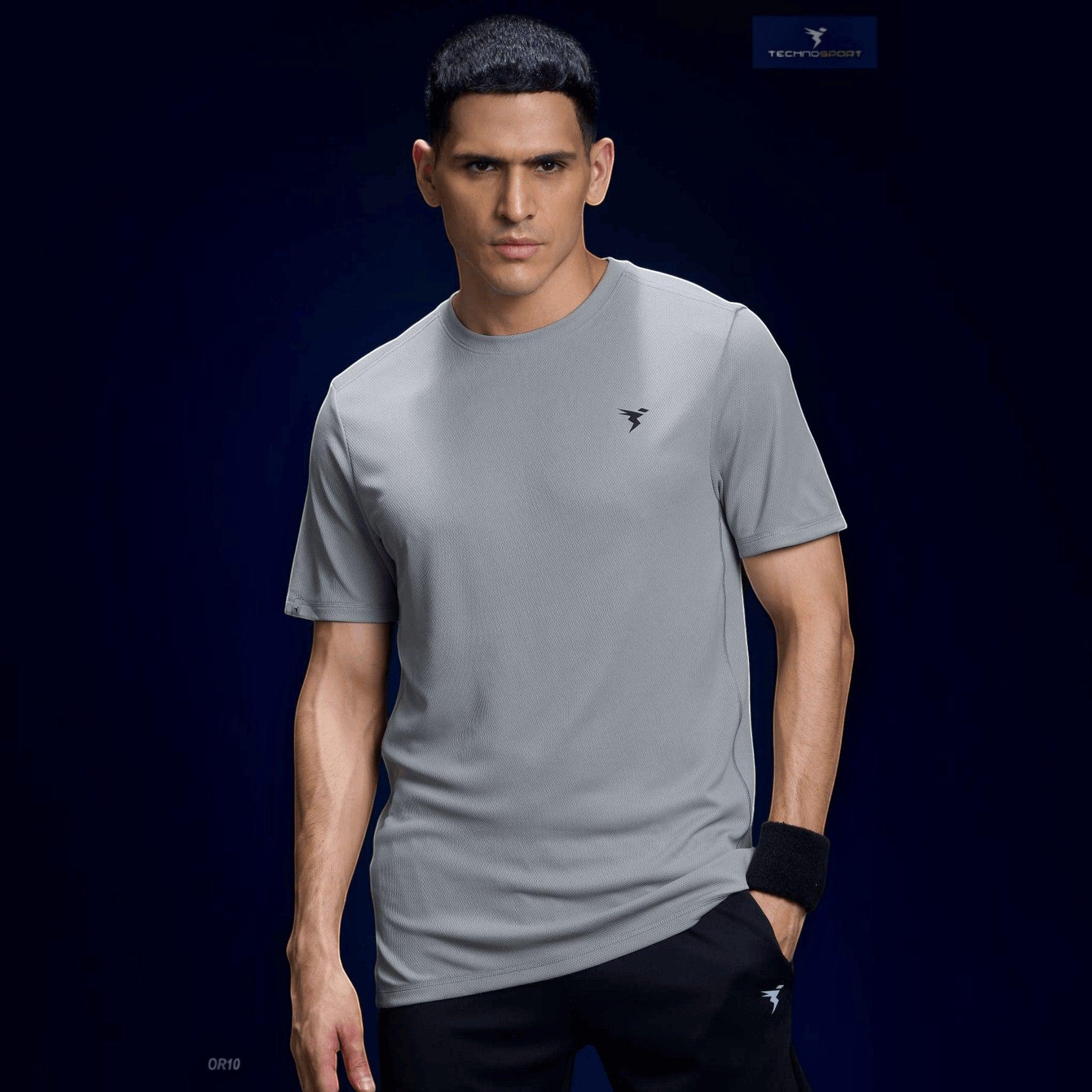 City Center Technosport grey slim fit crew neck performance t-shirt with moisture-wicking fabric on a male model.