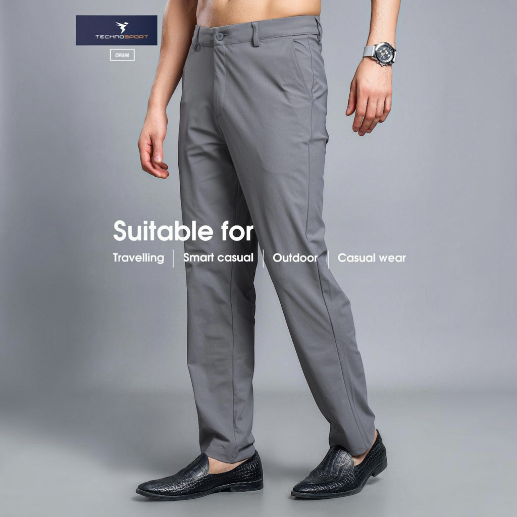 City Center Technosport DuraCool+ grey slim fit stretch trousers worn by a man with black loafers