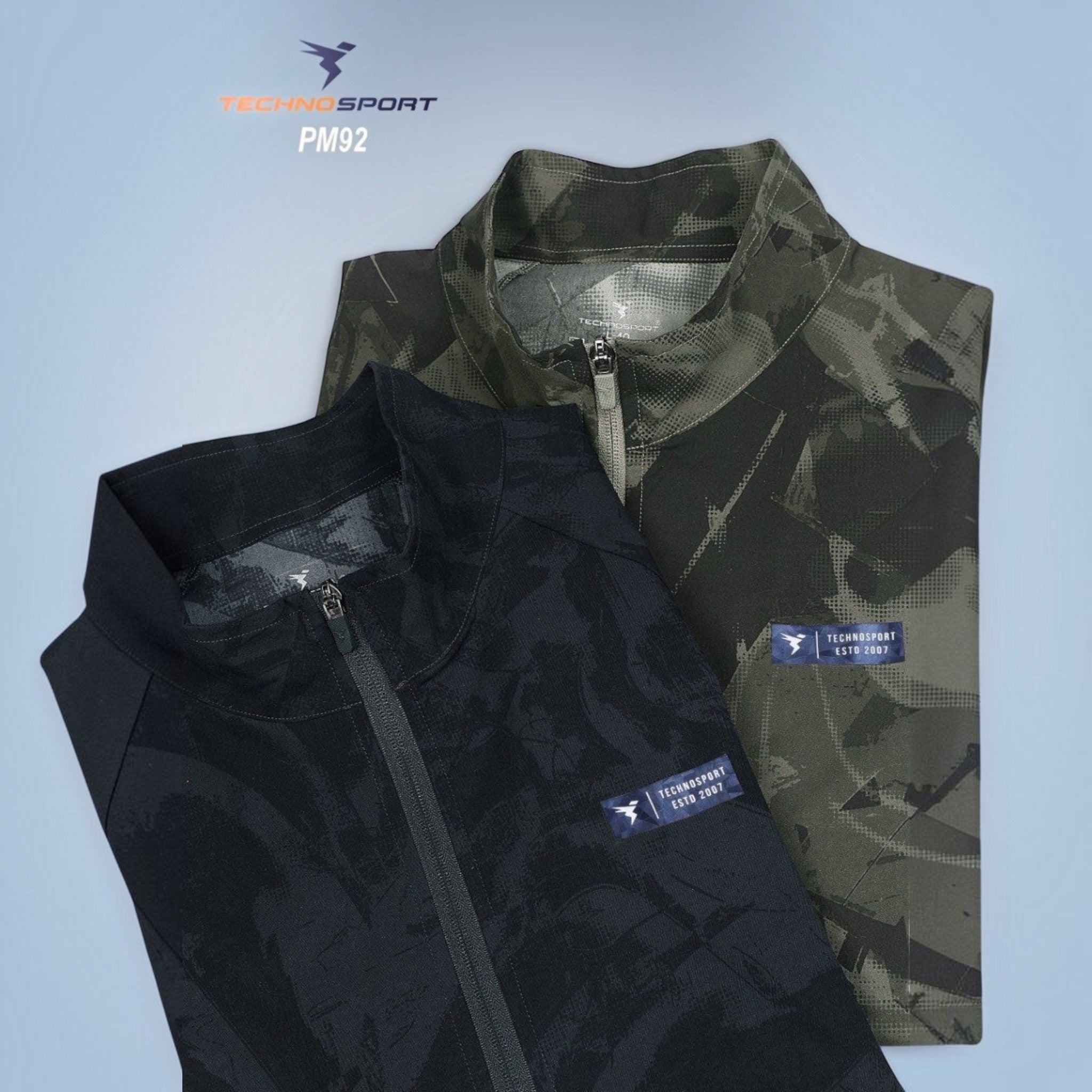City Center Technosport odour-free hi-neck jackets in black and olive green with all-over print and zip closure