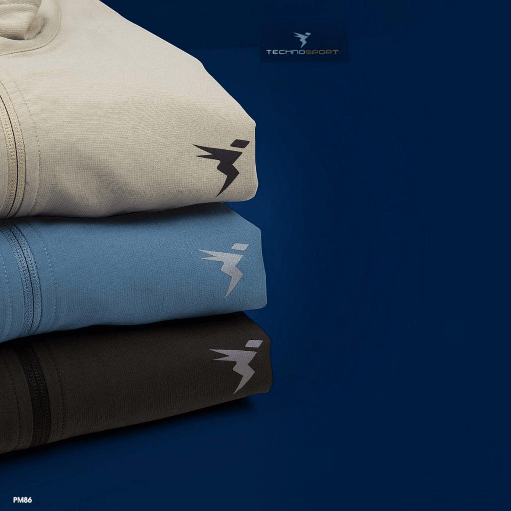 City Center Technosport lightweight hi-neck jackets in beige, blue, and black stacked on a dark blue background.