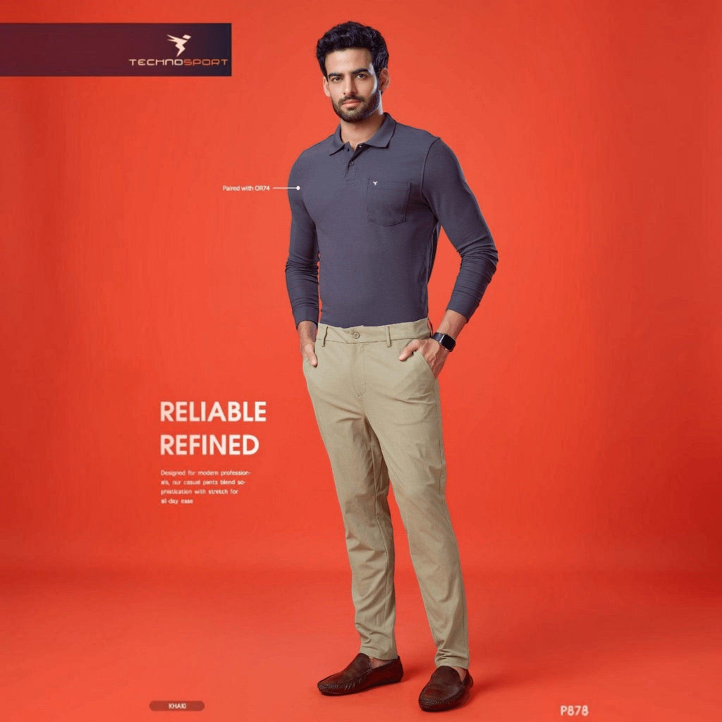 City Center Technosport Duracool+ khaki 4-way stretch casual trousers worn by a man with a grey polo shirt