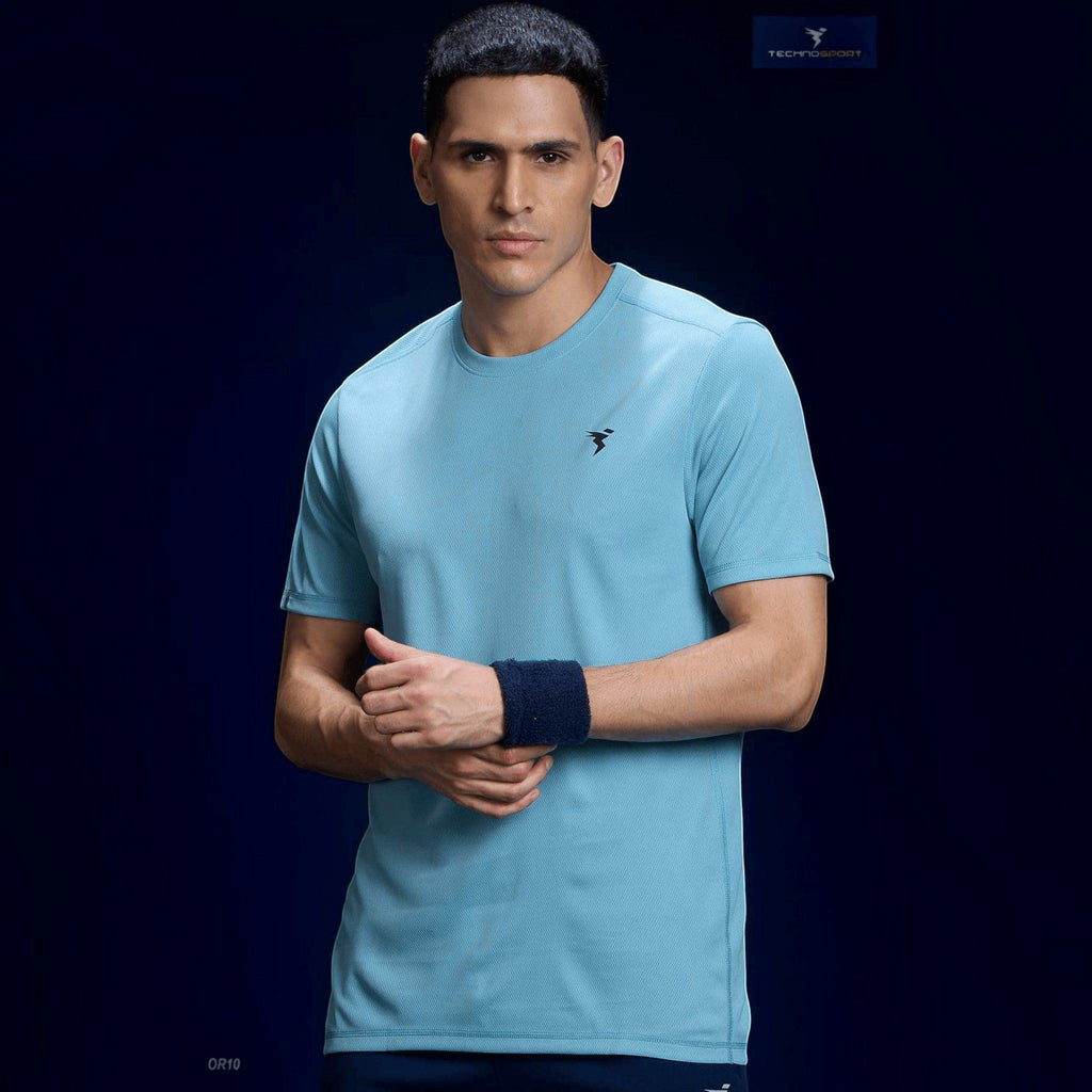 City Center Technosport light blue slim fit crew neck performance t-shirt with moisture-wicking fabric on a model