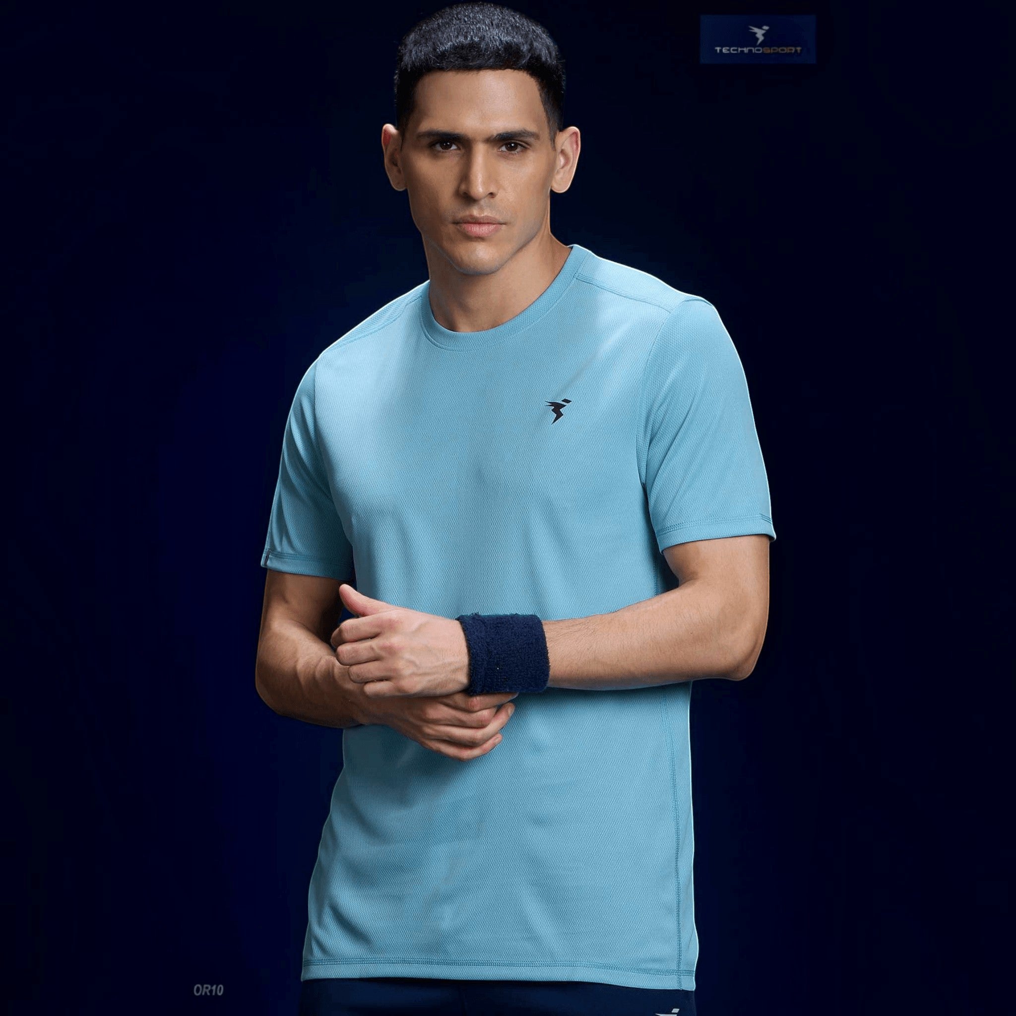 City Center Technosport light blue slim fit crew neck performance t-shirt with moisture-wicking fabric on a model