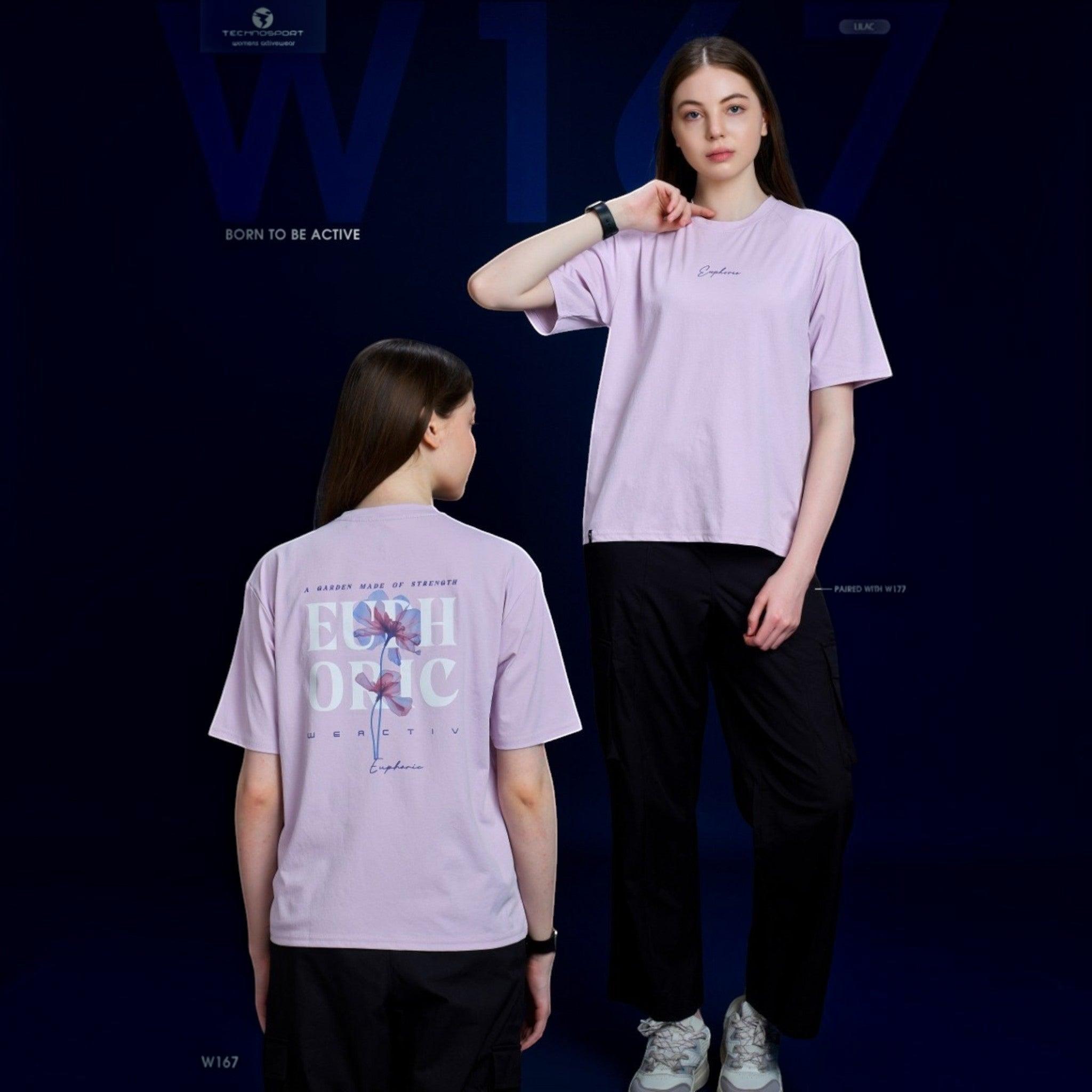 City Center Technosport women's lilac crew neck t-shirt with floral back graphic and moisture-wicking fabric
