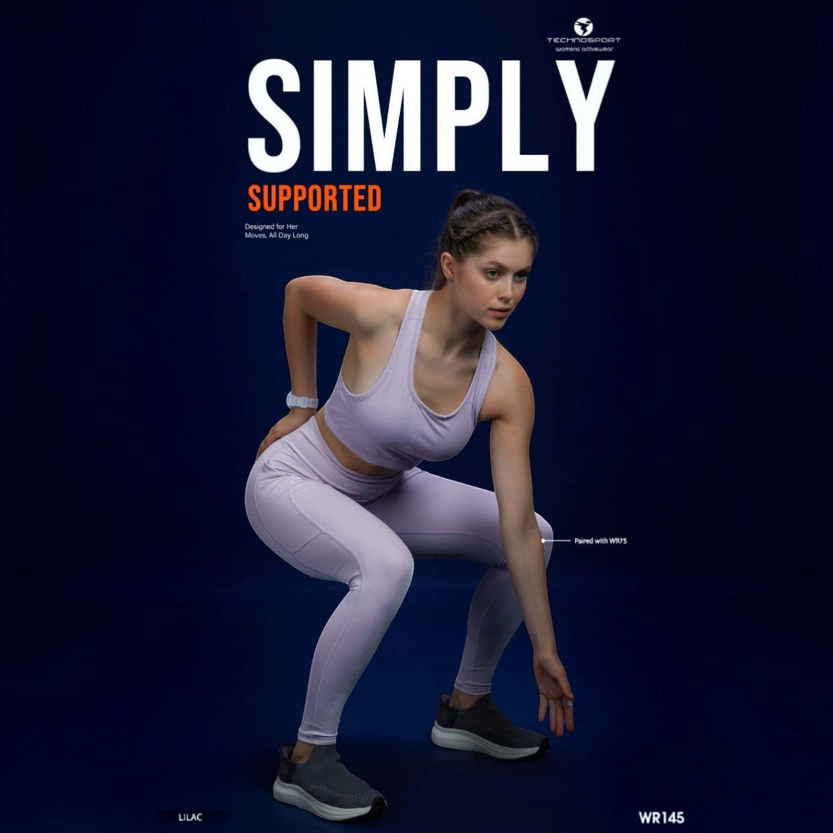 City Center Technosport Elastoplus lilac racer back sports bra worn by a woman in a squat position