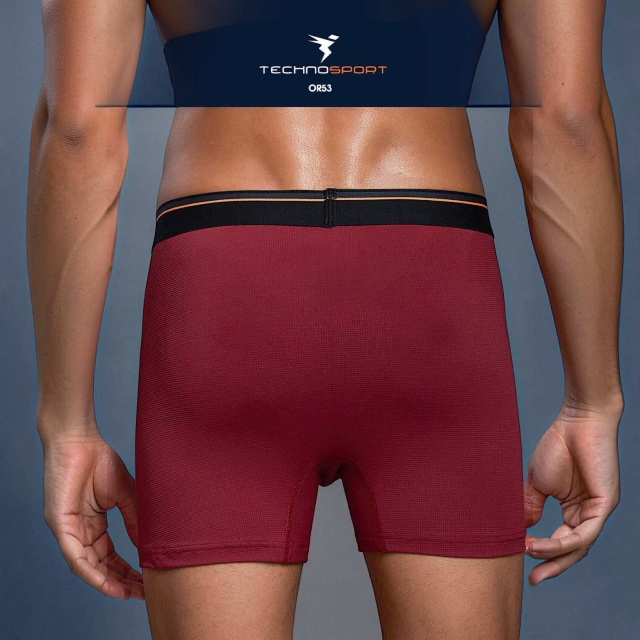 City Center Technosport OR53 maroon athletic men's trunk in breathable 4-way stretch Lycra mesh fabric, back view.