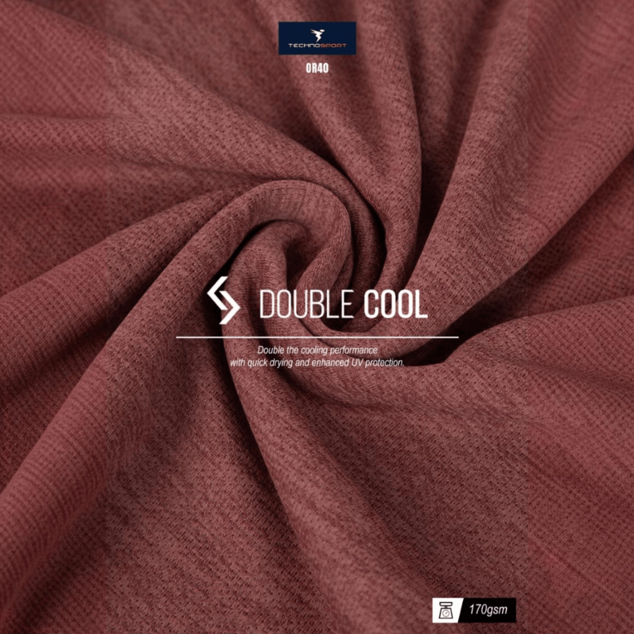 City Center Technosport maroon performance t-shirt fabric with Double Cool moisture-wicking and UV protection technology