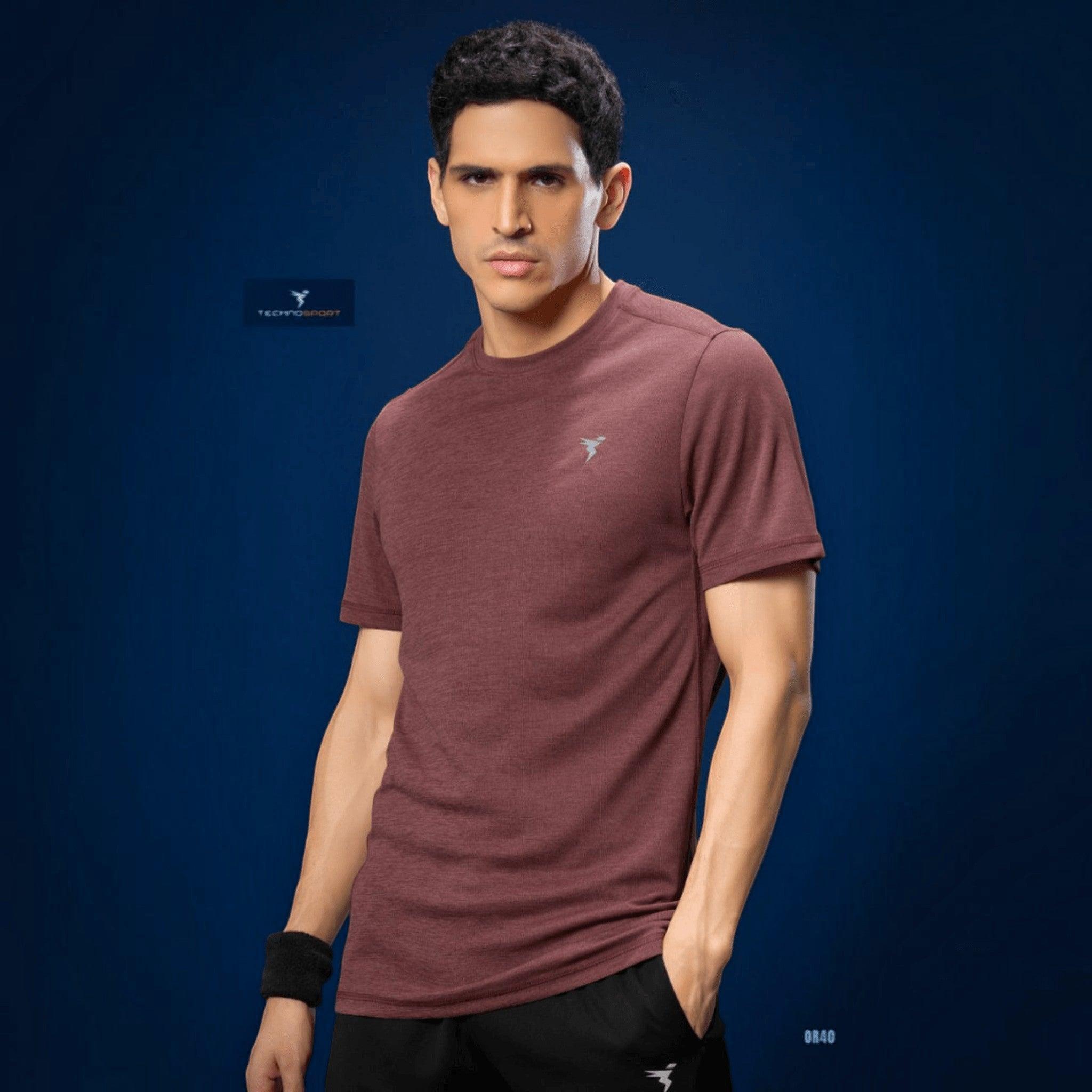 City Center Technosport athletic slim fit crew neck t-shirt in maroon with moisture-wicking performance fabric