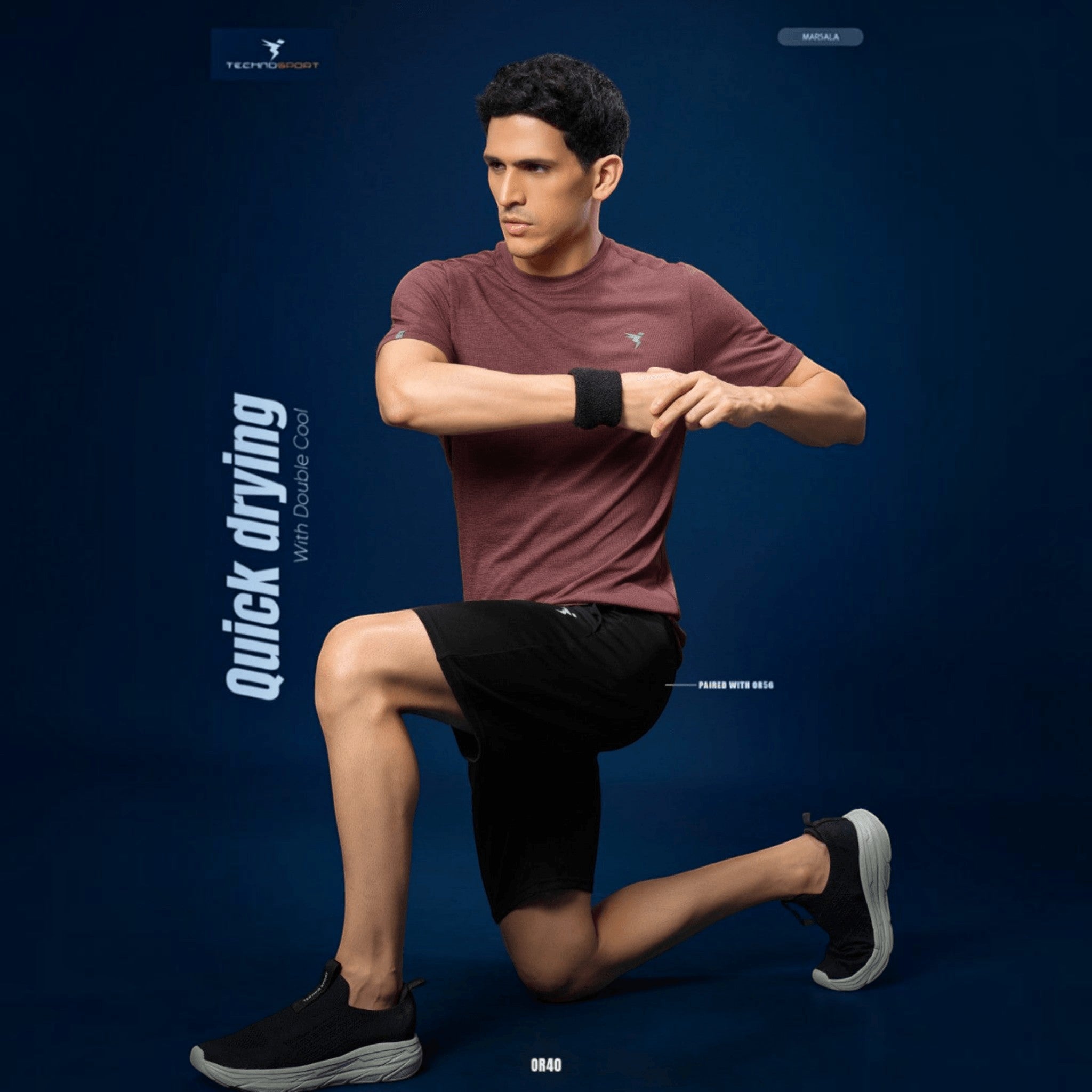 City Center Technosport marsala crew neck athletic t-shirt with moisture-wicking fabric worn by a male athlete