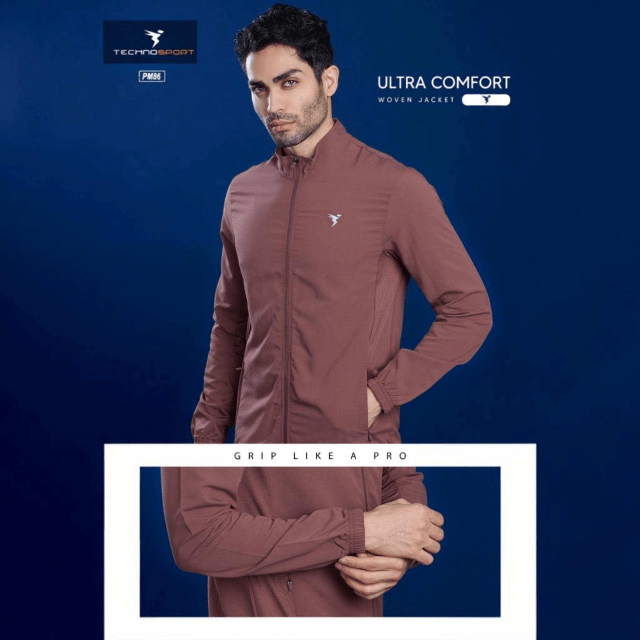 City Center Technosport TS Flexi mauve performance jacket with zip-up front, worn by a man against a blue background.