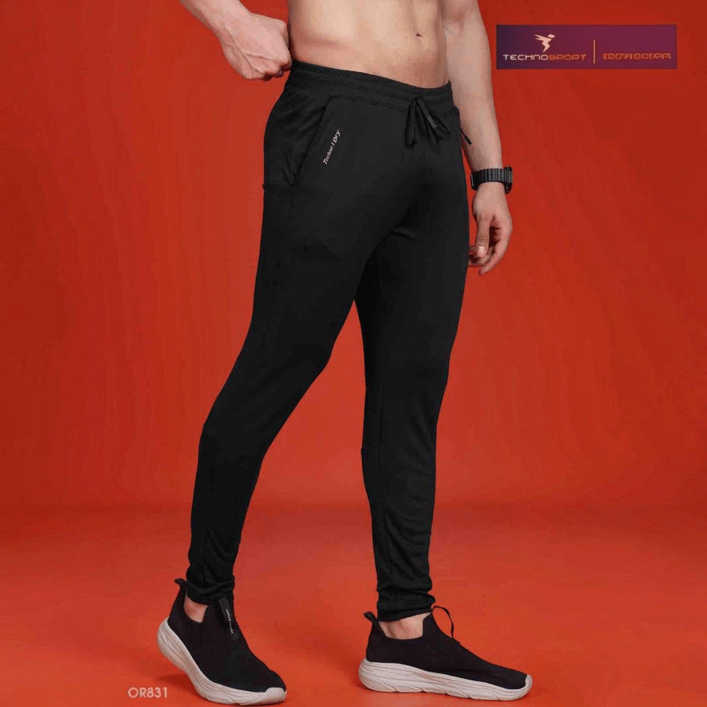 City Center Technosport men's black slim-fit performance track pants with moisture-wicking fabric and drawstring waist.