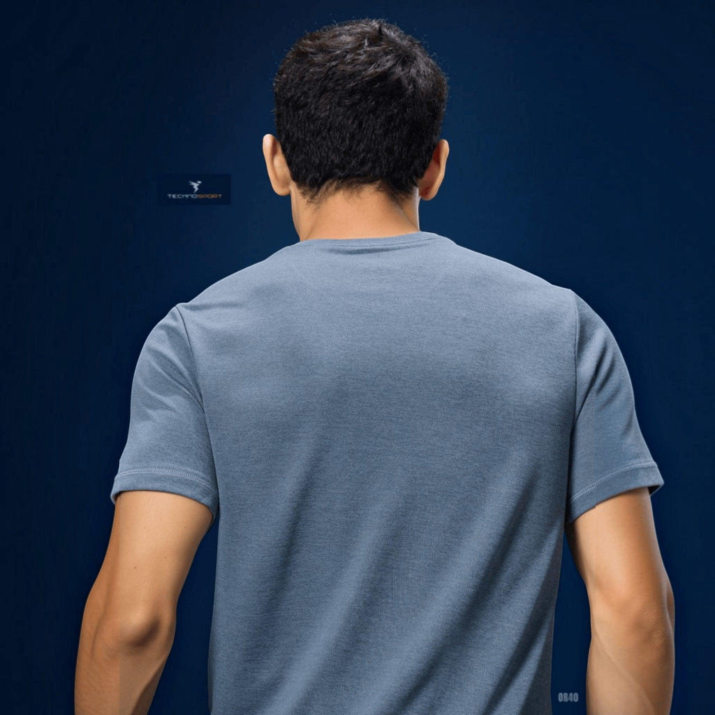 City Center Technosport men's blue athletic crew neck t-shirt with moisture-wicking fabric, back view