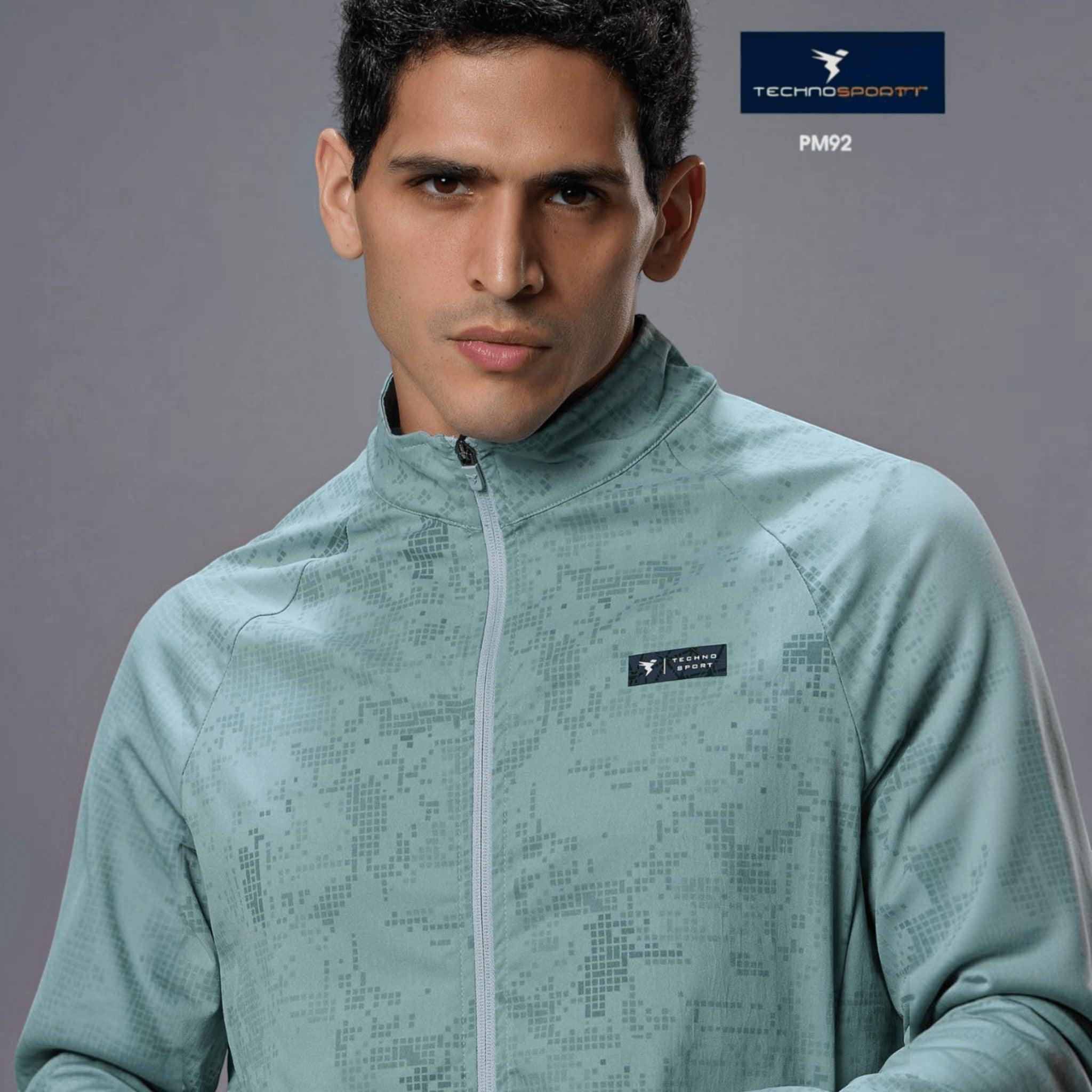 City Center Technosport men's light green hi-neck sports jacket with all-over print and front zipper closure