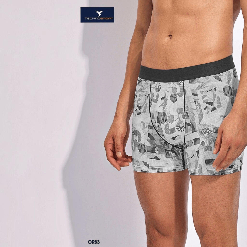 City Center Technosport men's grey patterned trunk with a black elastic waistband and moisture-wicking fabric.