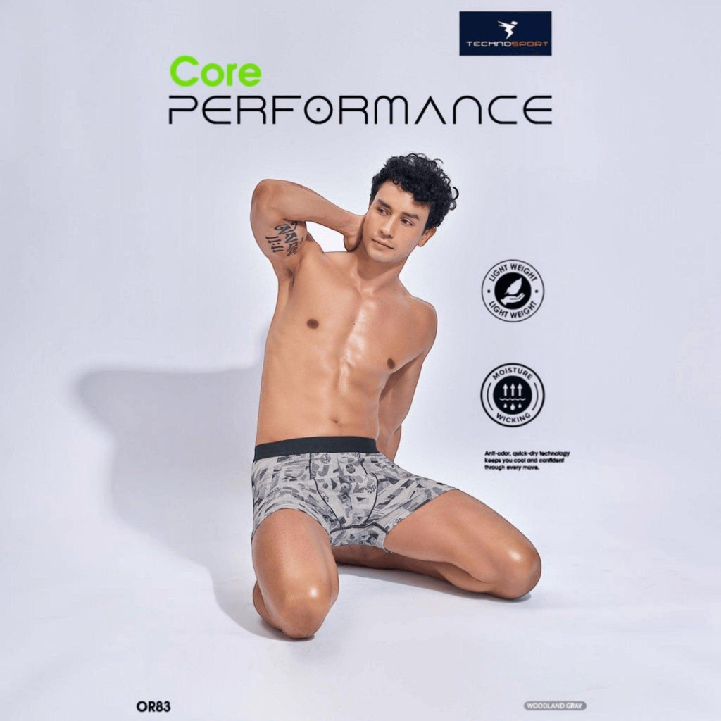 City Center Technosport men's grey patterned performance trunk with elastic waistband worn by a model in studio