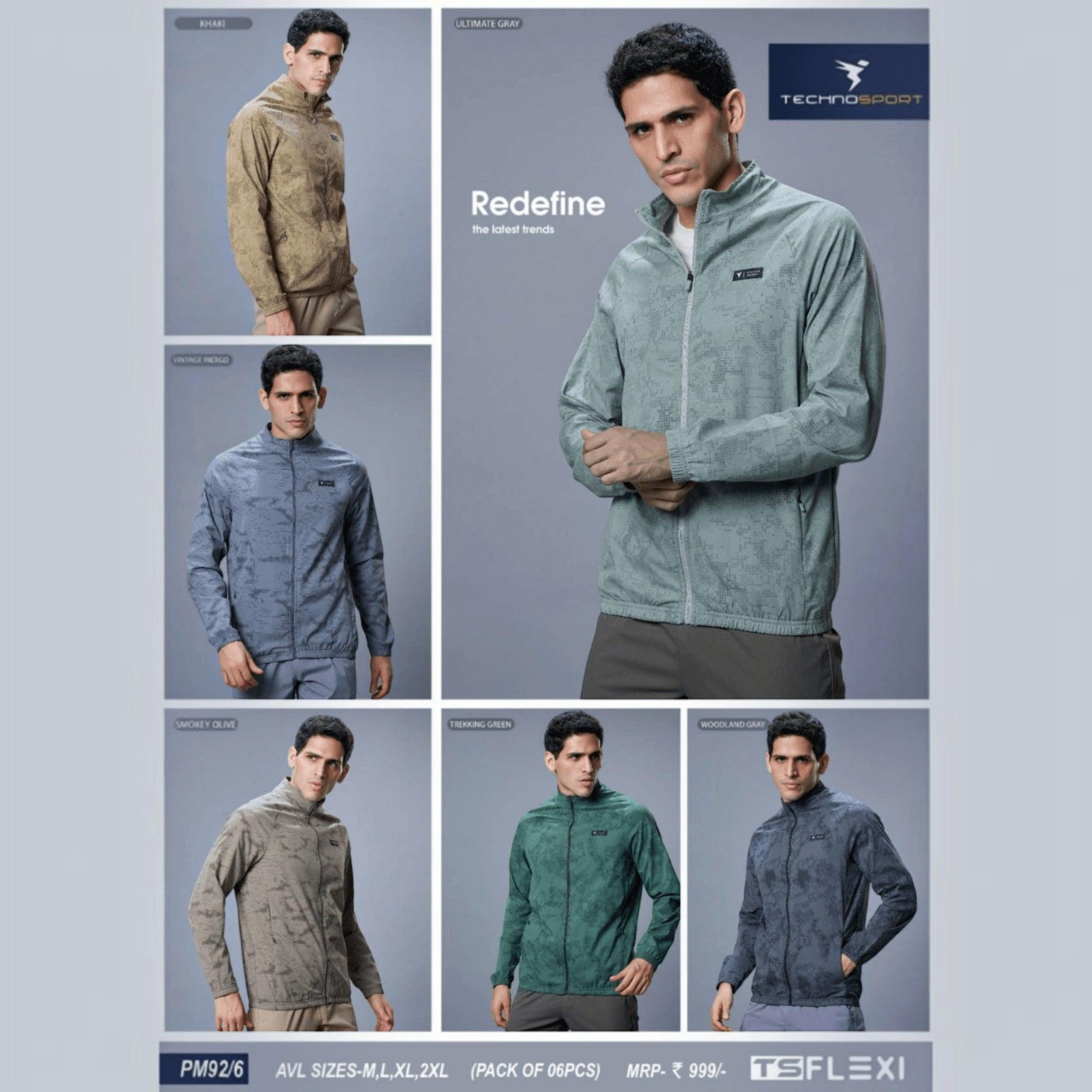 City Center Technosport men's hi-neck 2-way stretch jackets in various colors with all-over print and zip closure.