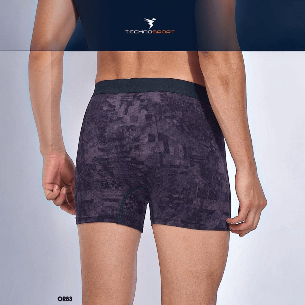 City Center Technosport men's trunk in dark grey with an all-over geometric print and a soft elastic waistband.