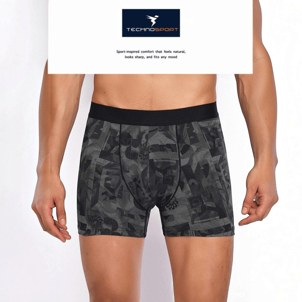 City Center Technosport men's trunk in grey with an all-over geometric print, featuring a soft black waistband.
