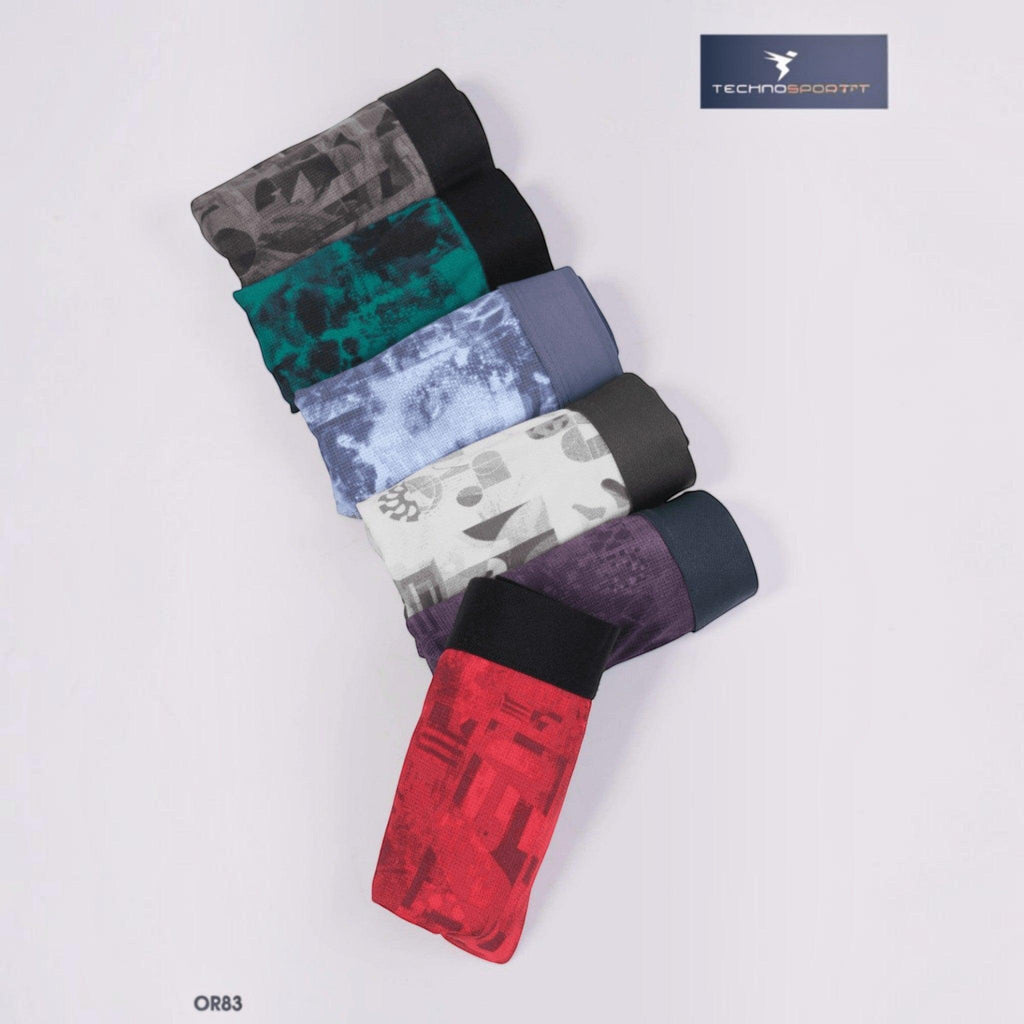 City Center Technosport Men’s Trunk OR83 collection featuring assorted multi-colored all-over print performance trunks