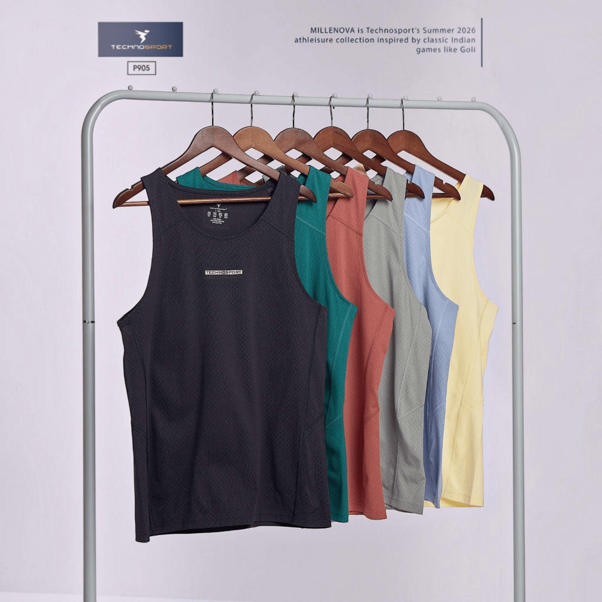 City Center TECHNOSPORT Millenova sleeveless athletic tank tops in various colors hanging on a clothing rack.