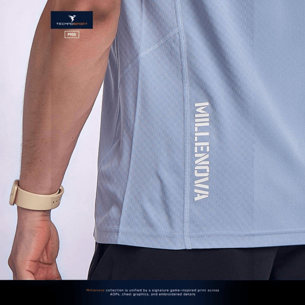 City Center TECHNOSPORT Millenova sleeveless athletic tank top in light blue with side logo detail on a male athlete.