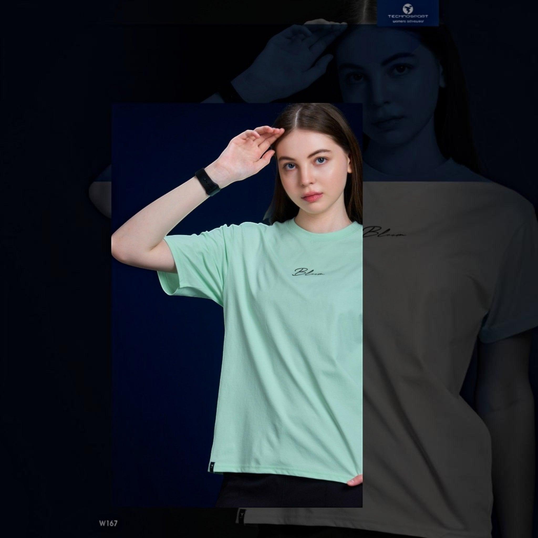 City Center Technosport women's mint green crew neck t-shirt with minimalist script logo on chest