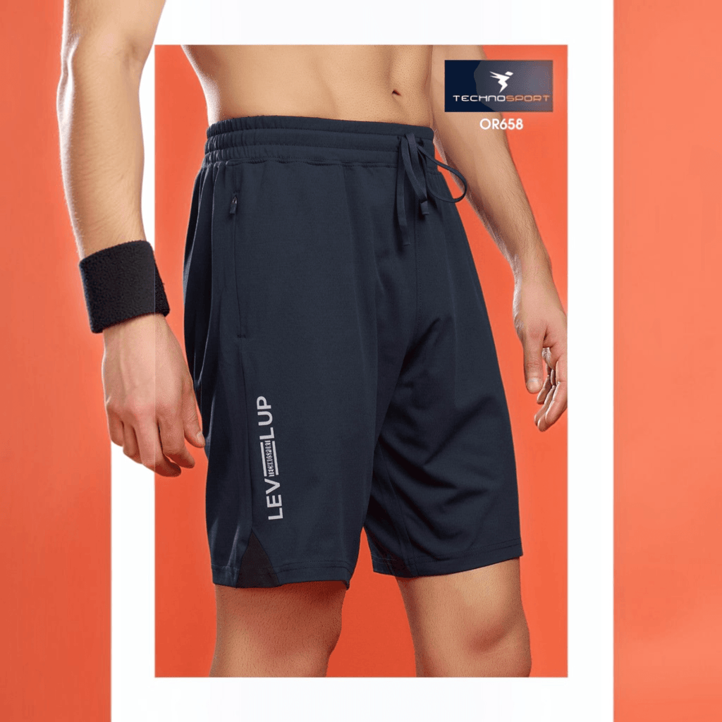 City Center Technosport men's navy blue 4-way stretch activewear shorts with drawstring waist and side zipper pockets.