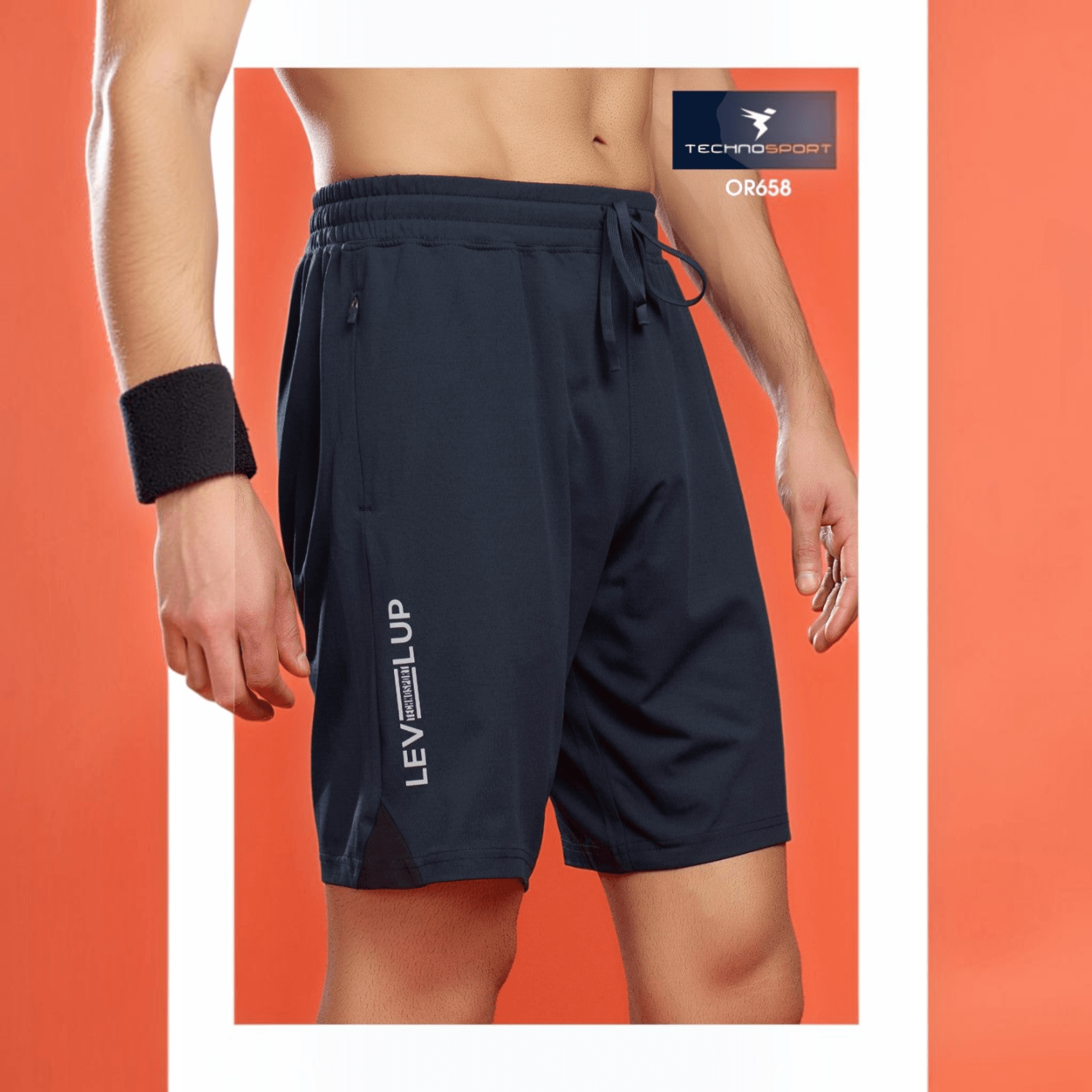 City Center Technosport men's navy blue 4-way stretch activewear shorts with drawstring waist and side zipper pockets.