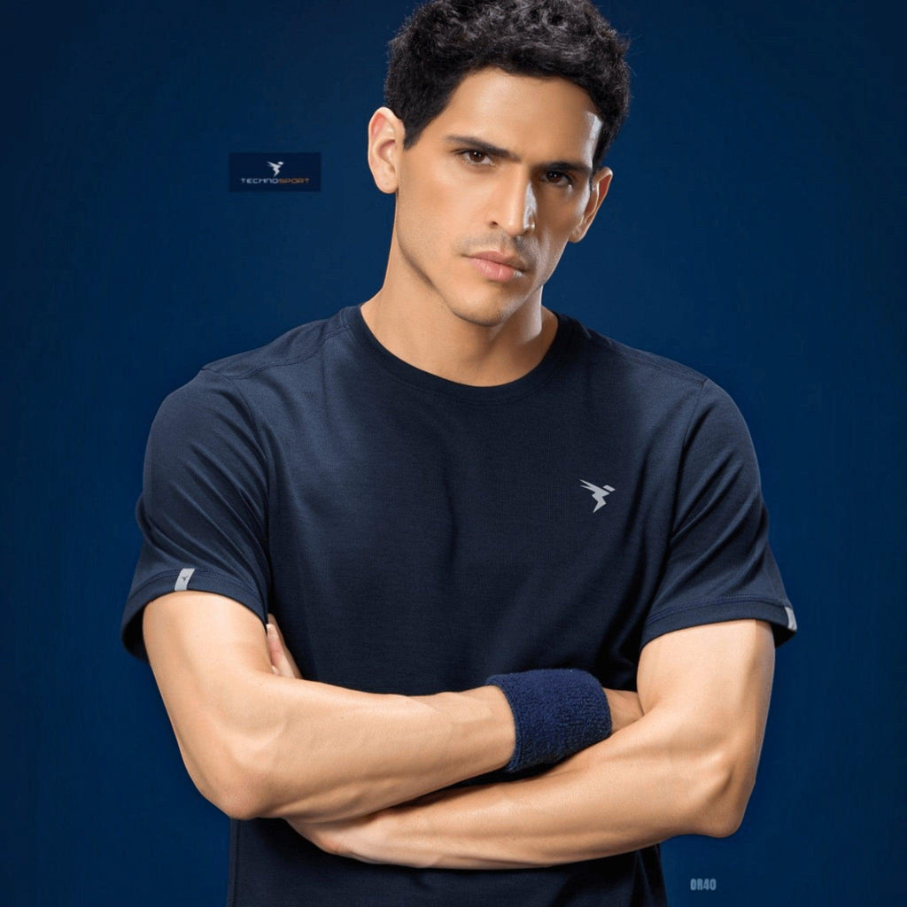 City Center Technosport athletic slim fit crew neck t-shirt in dark navy with moisture-wicking performance fabric.