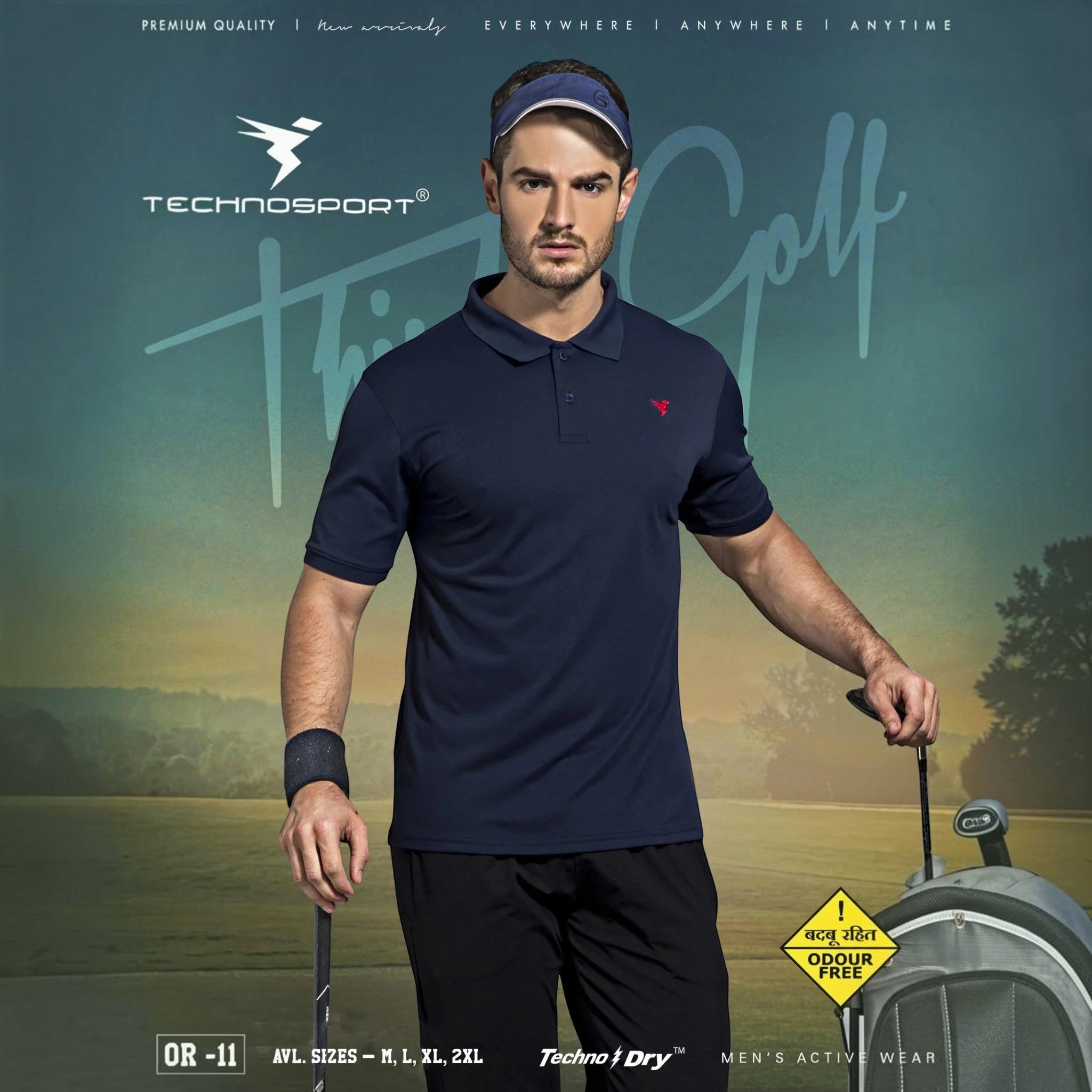 City Center TechnoSport OR-11 navy blue dry fit polo shirt worn by a male golfer on a golf course