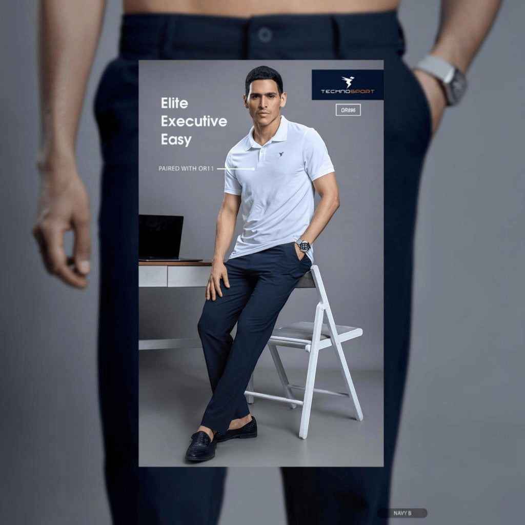 City Center Technosport DuraCool+ navy formal pants with 4-way stretch fabric worn by a man in a white polo shirt