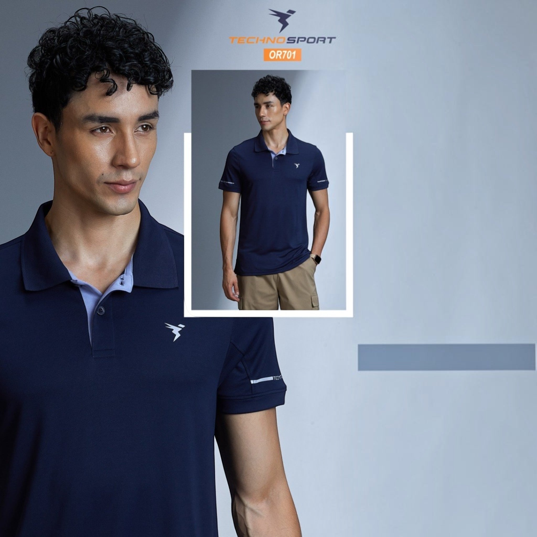 City Center OR701 Technosport navy blue performance polo shirt with moisture-wicking fabric on a male model