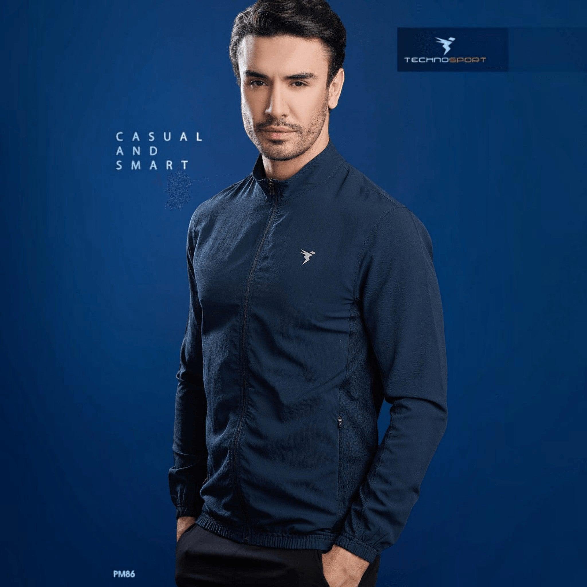 City Center Technosport navy blue slim-fit hi-neck lightweight woven jacket worn by a male model
