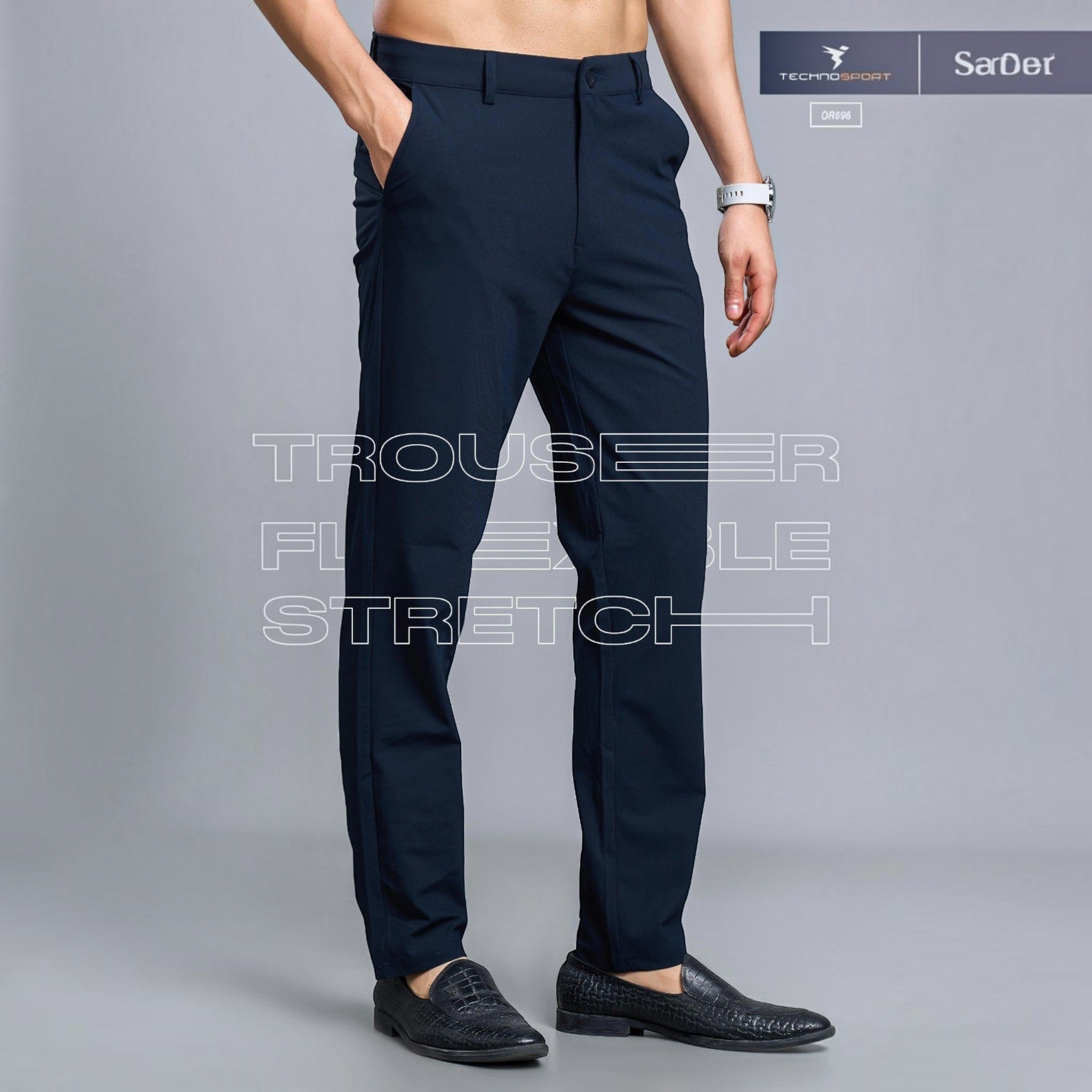 City Center Technosport DuraCool+ navy blue slim fit stretch casual trousers worn by a man with black loafers