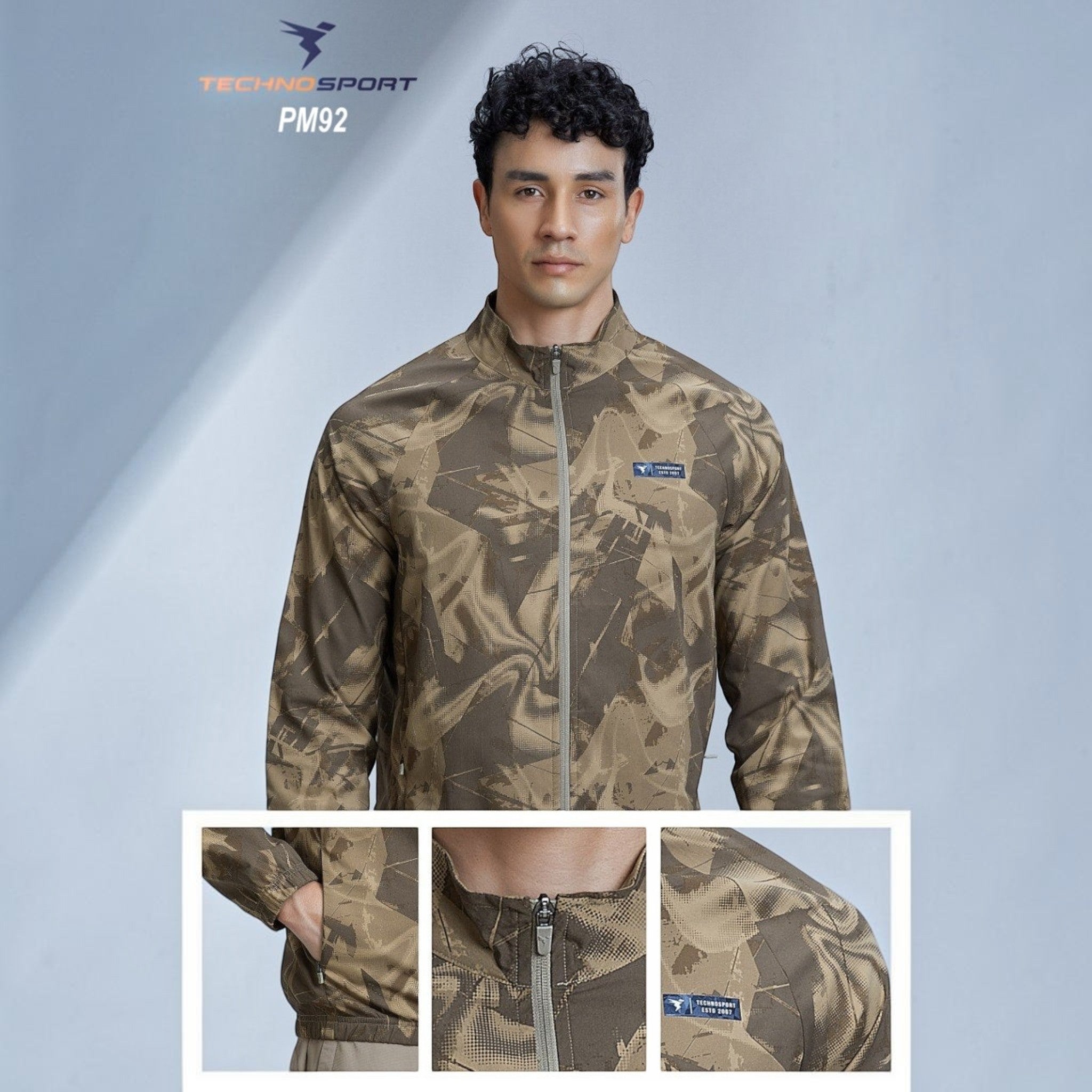 City Center Technosport full-sleeve hi-neck jacket in olive brown with an all-over abstract print and zip closure.