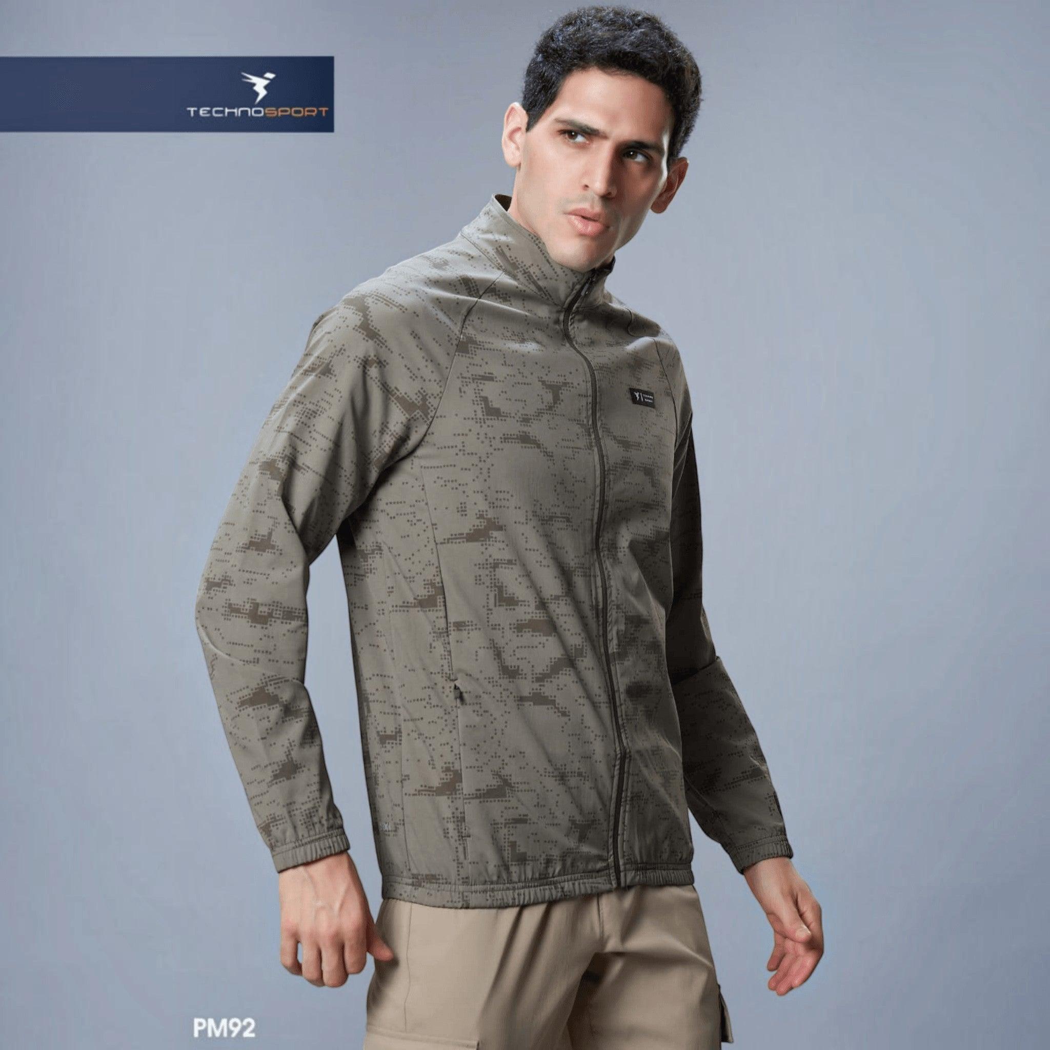 City Center Technosport olive green hi-neck jacket with digital camo print, full zip, and stretch fabric for sports.