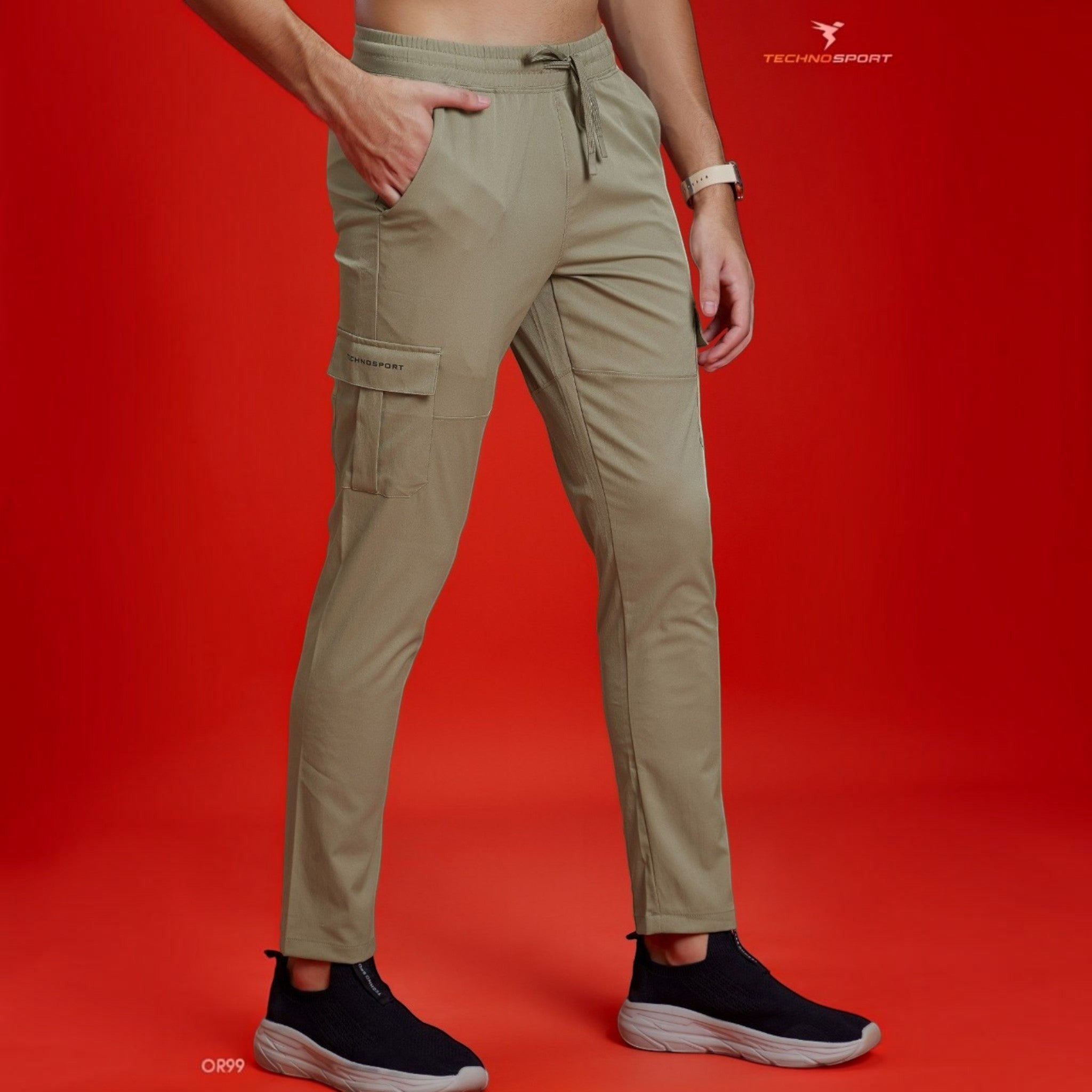 City Center Technosport TS Flexi olive green woven cargo pants with side pockets and drawstring waist on a model