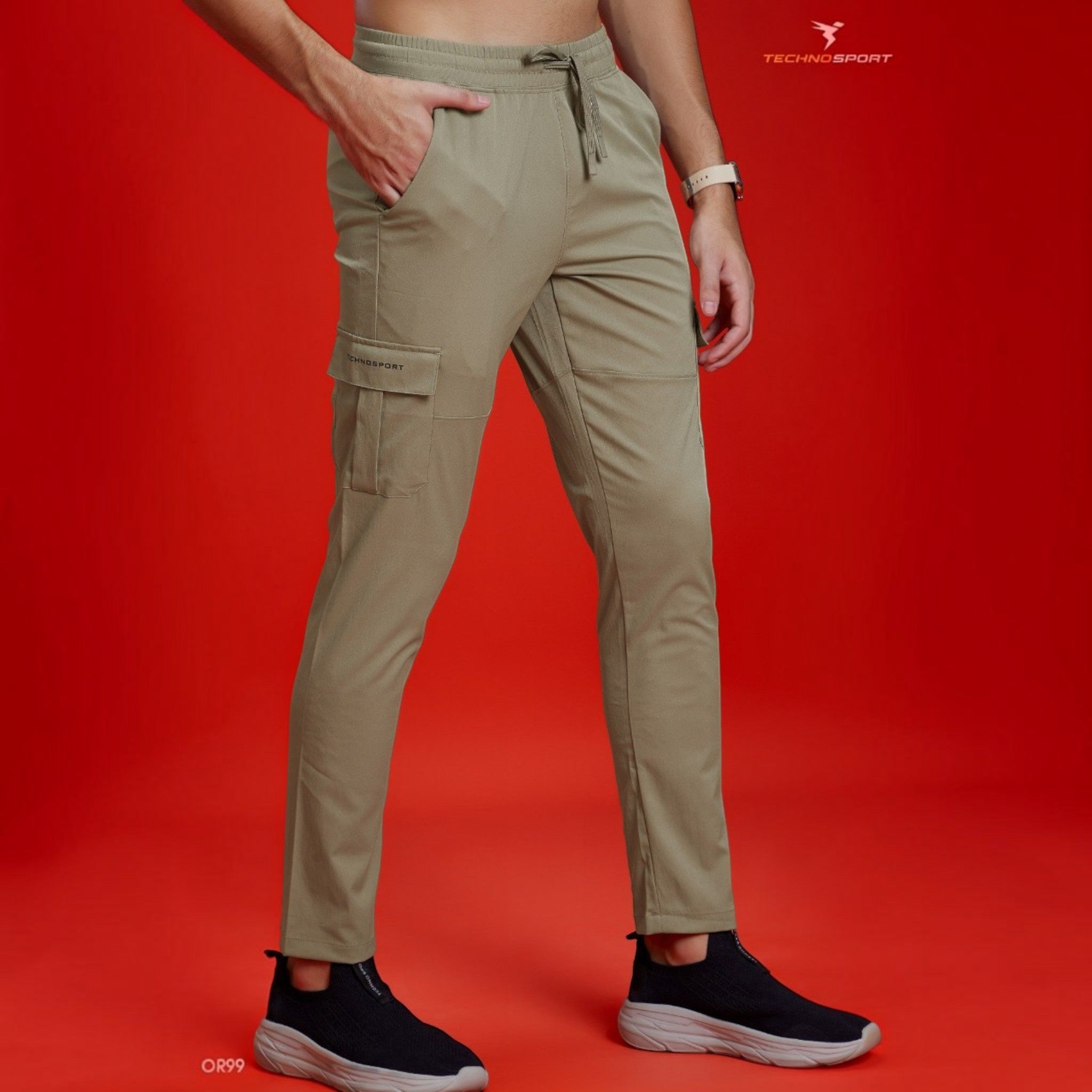 City Center Technosport TS Flexi olive green straight fit cargo pants with side pockets on a model