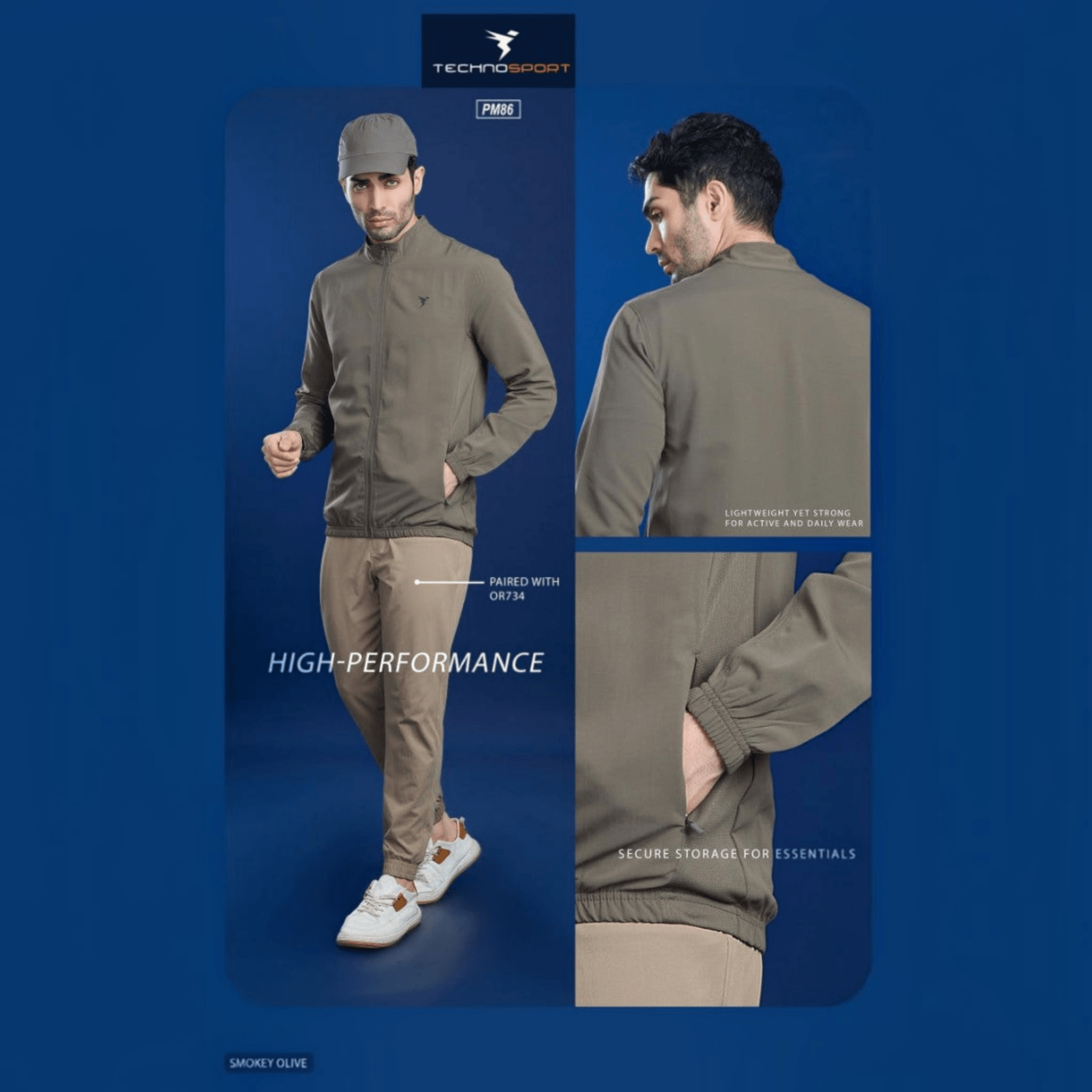 City Center Technosport TS Flexi olive jacket with zip pockets and 2-way stretch fabric worn by a male model.