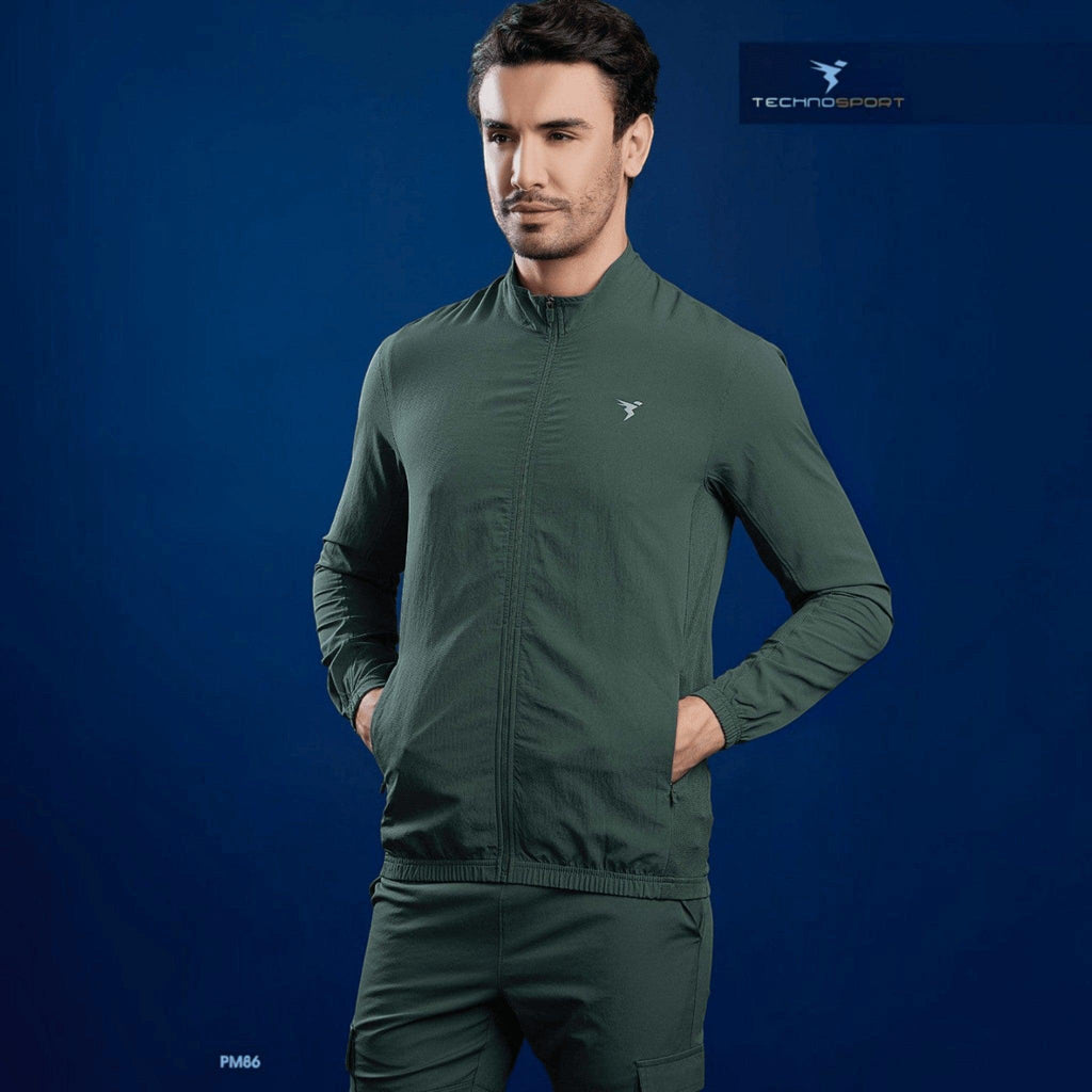 City Center Technosport men's slim-fit olive green hi-neck lightweight woven athletic jacket with front zipper