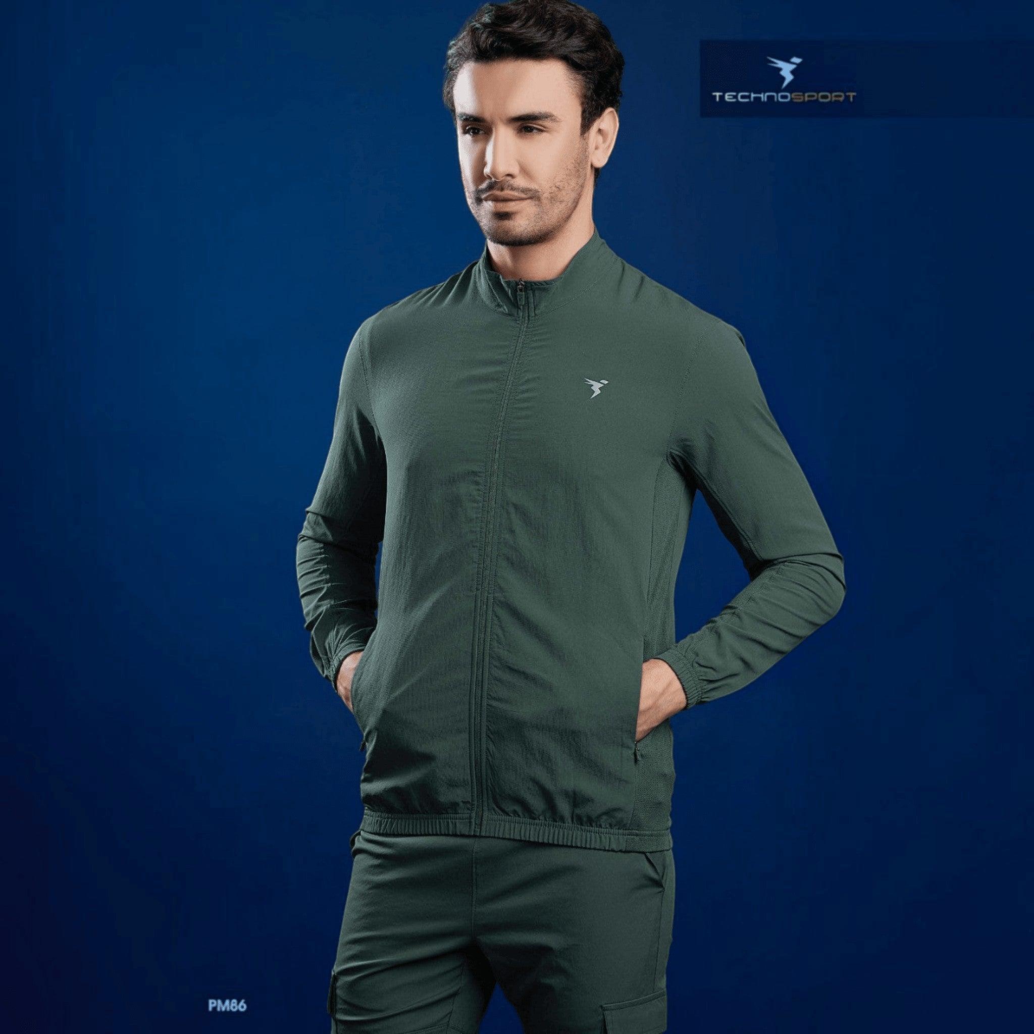 City Center Technosport men's slim-fit olive green hi-neck lightweight woven athletic jacket with front zipper
