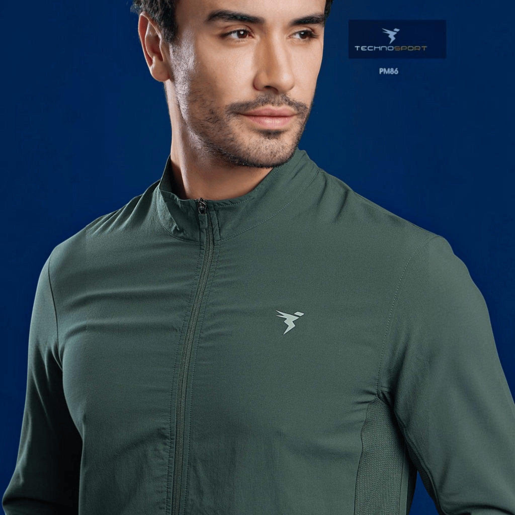 City Center Technosport men's olive green slim-fit hi-neck lightweight woven jacket with front zipper