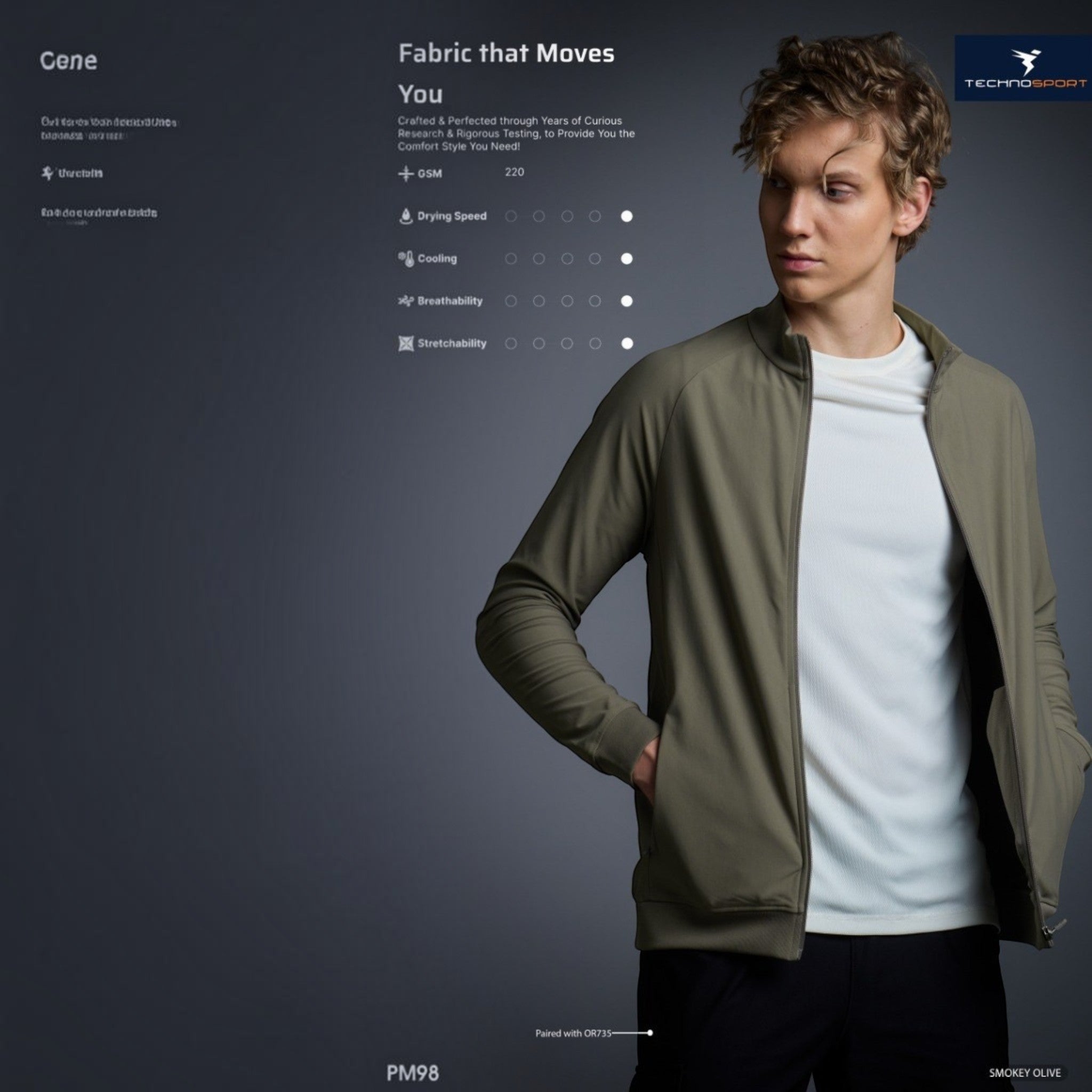 City Center Technosport DuraCool+ olive green high-neck jacket with moisture-wicking fabric on a male model