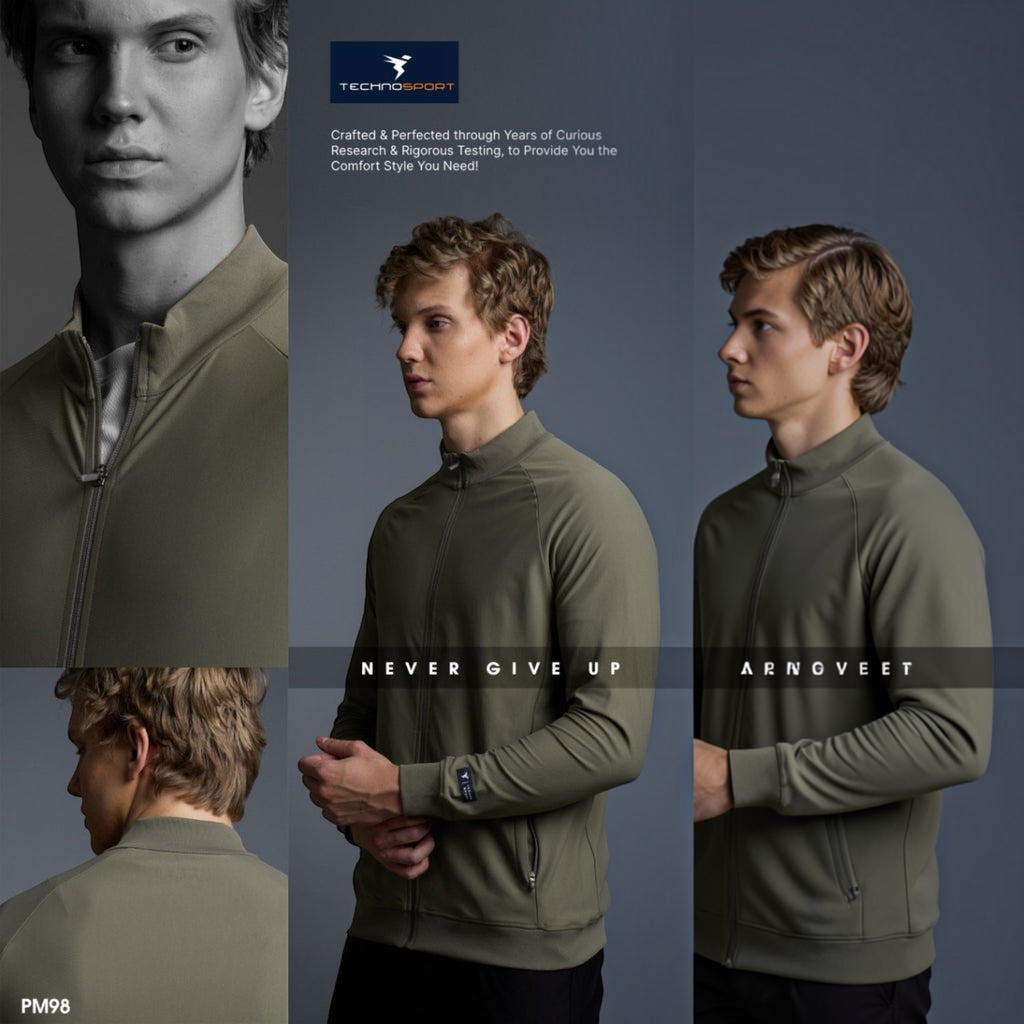 City Center Technosport DuraCool+ olive green high-neck jacket with moisture-wicking fabric on a male model