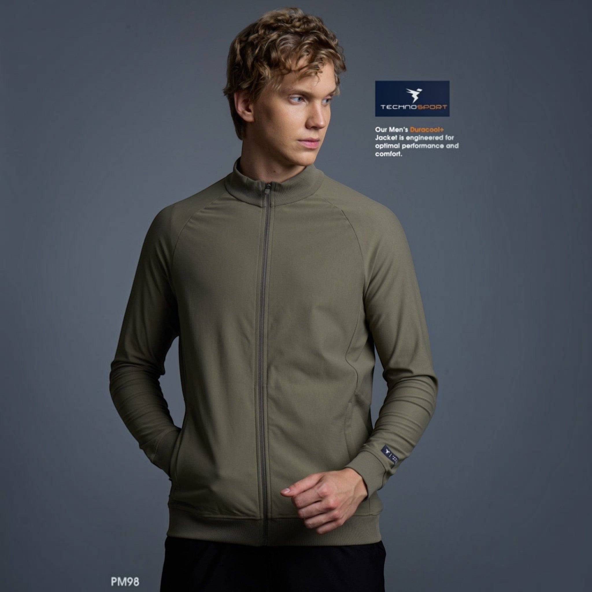 City Center Technosport DuraCool+ olive green high-neck jacket with full sleeves and moisture-wicking fabric on a model