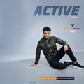 City Center Technosport full-sleeve hi-neck jacket with olive green all-over print worn by a man in a studio setting