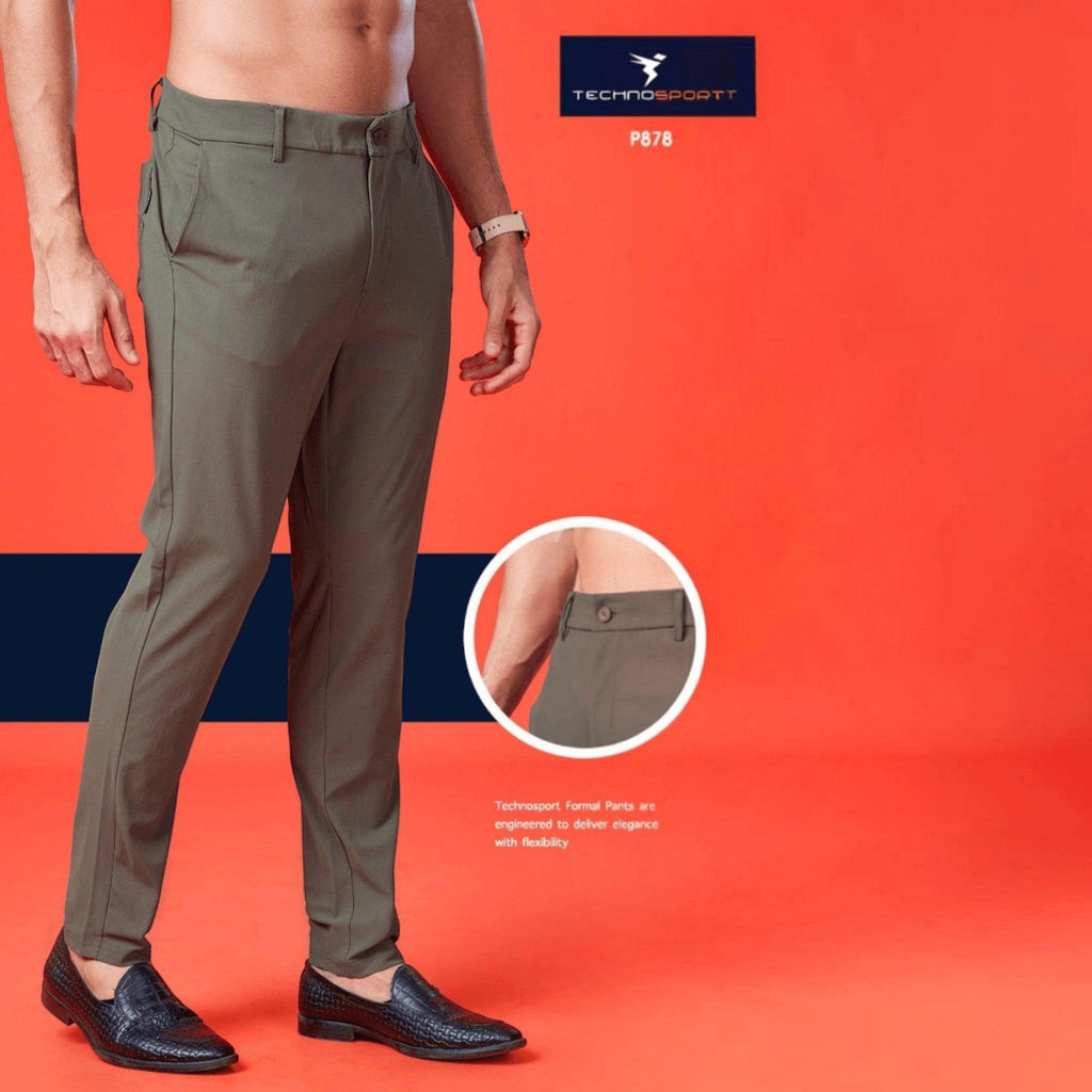 City Center Technosport Duracool+ olive green 4-way stretch casual trousers with a regular fit on a model