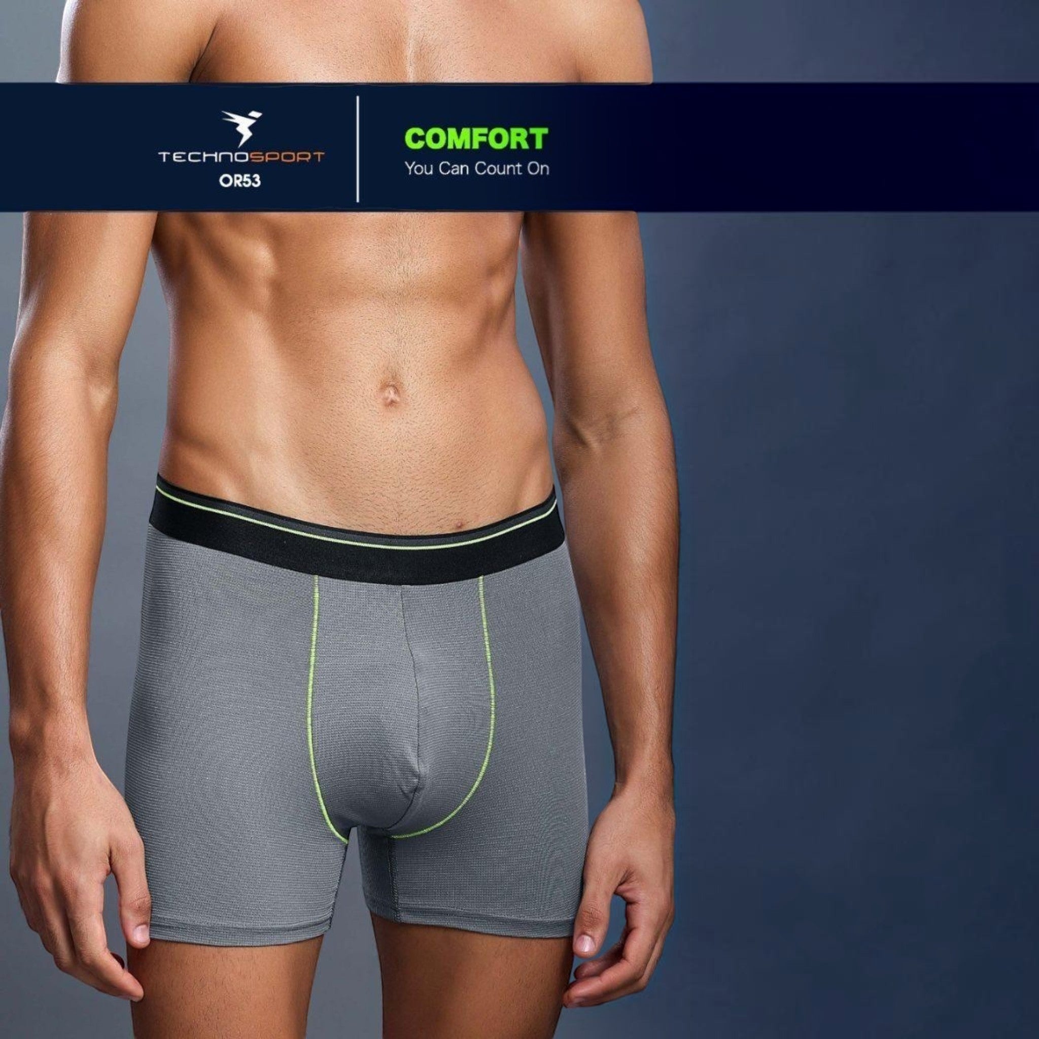 City Center Technosport OR53 grey athletic men's trunk made of breathable 4-way stretch Lycra mesh with neon trim.