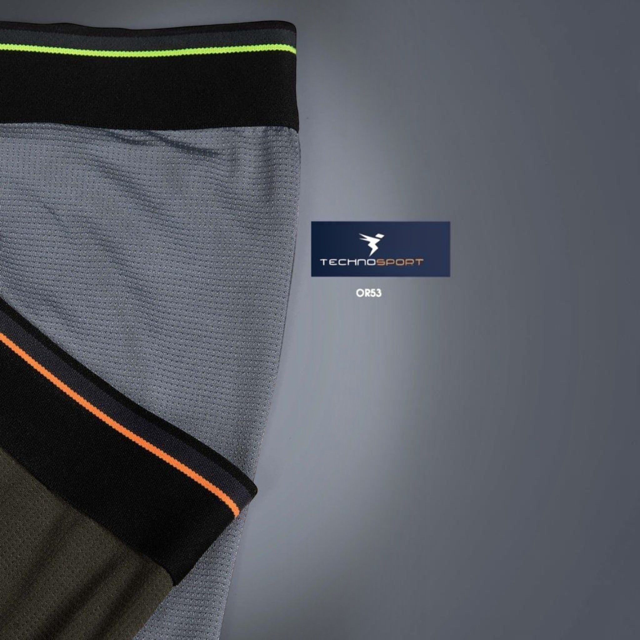 City Center Technosport OR53 men's athletic trunks in grey mesh fabric with black elastic waistbands and neon accents.
