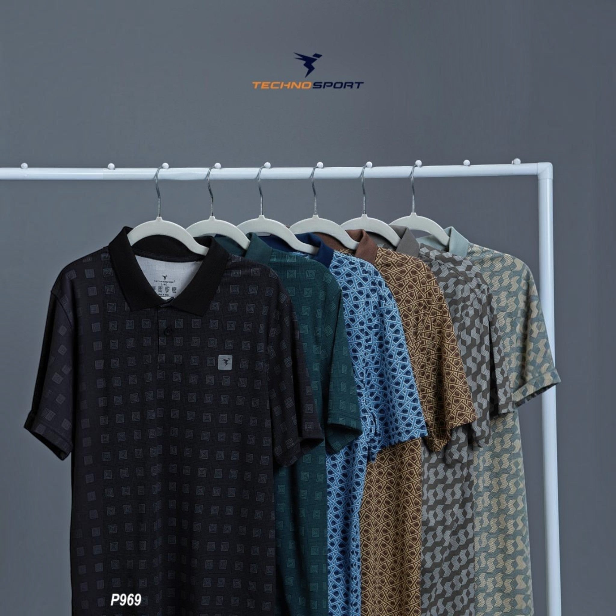 City Center Technosport P969 moisture-wicking polo shirts in various geometric patterns hanging on a clothing rack.